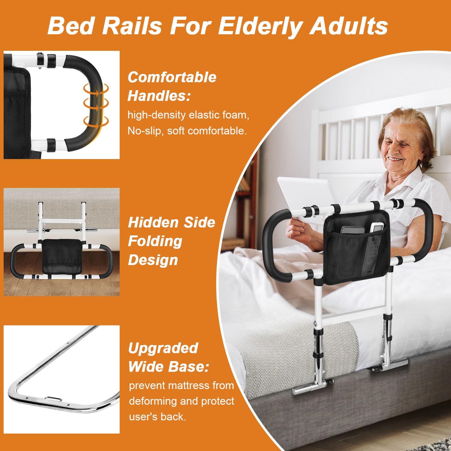 Foldable Retractable Bed Assist Rail for Elderly - Adjustable Height Safety Rail with Dual Grab Bars & Storage Pocket - Fits Medical, Queen & Twin Beds - Ideal for Home Care & Senior Safety