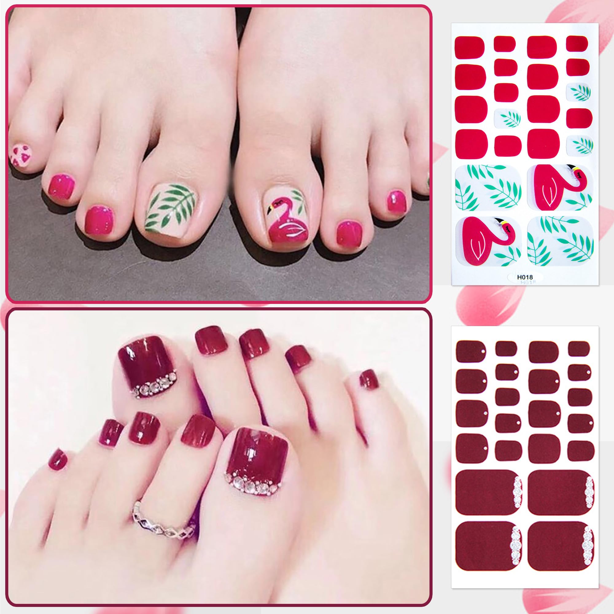 DANNEASY 20 Sheets Self-Adhesive Toe Nail Polish Stickers - Full Nail Wraps for Women, Gel Nail Strips for Toes with Nail File & Cuticle Stick | Easy At-Home Pedicure, Toenail Manicure & Nail Art Design