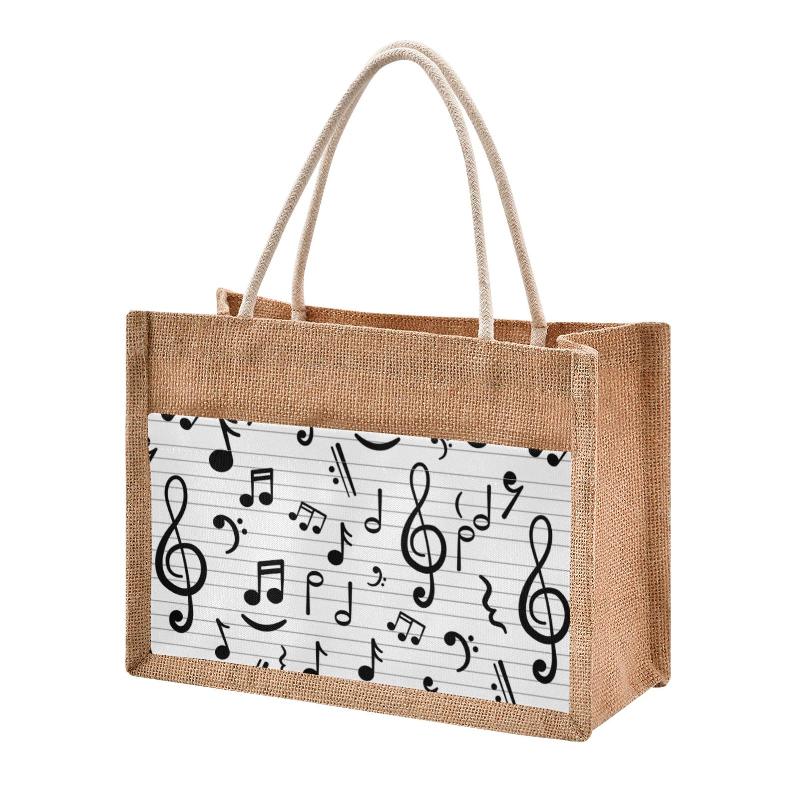 Eco-Friendly Cute Music Note Jute Tote Bag with Zipper & Front Canvas Pocket - Reusable Grocery Shopping Bag for Beach, Market & Daily Use (12