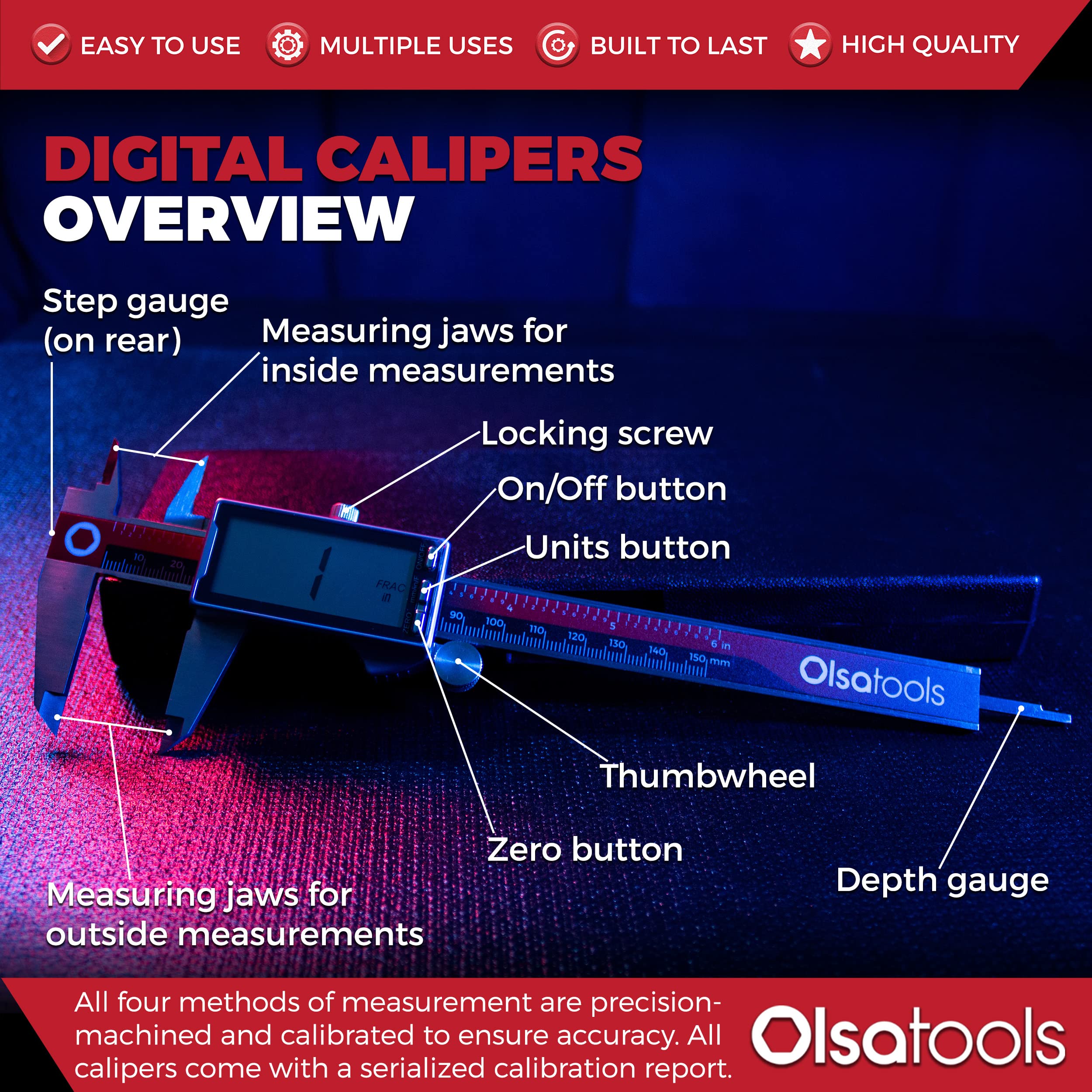 Olsa Tools Digital Caliper 0-6 Inch Stainless Steel Measuring Tool with Large LCD Display - Precision Measurement in Inches, Fractions & Millimeters - Ideal for DIY, Woodworking, Metalworking & Engineering Projects