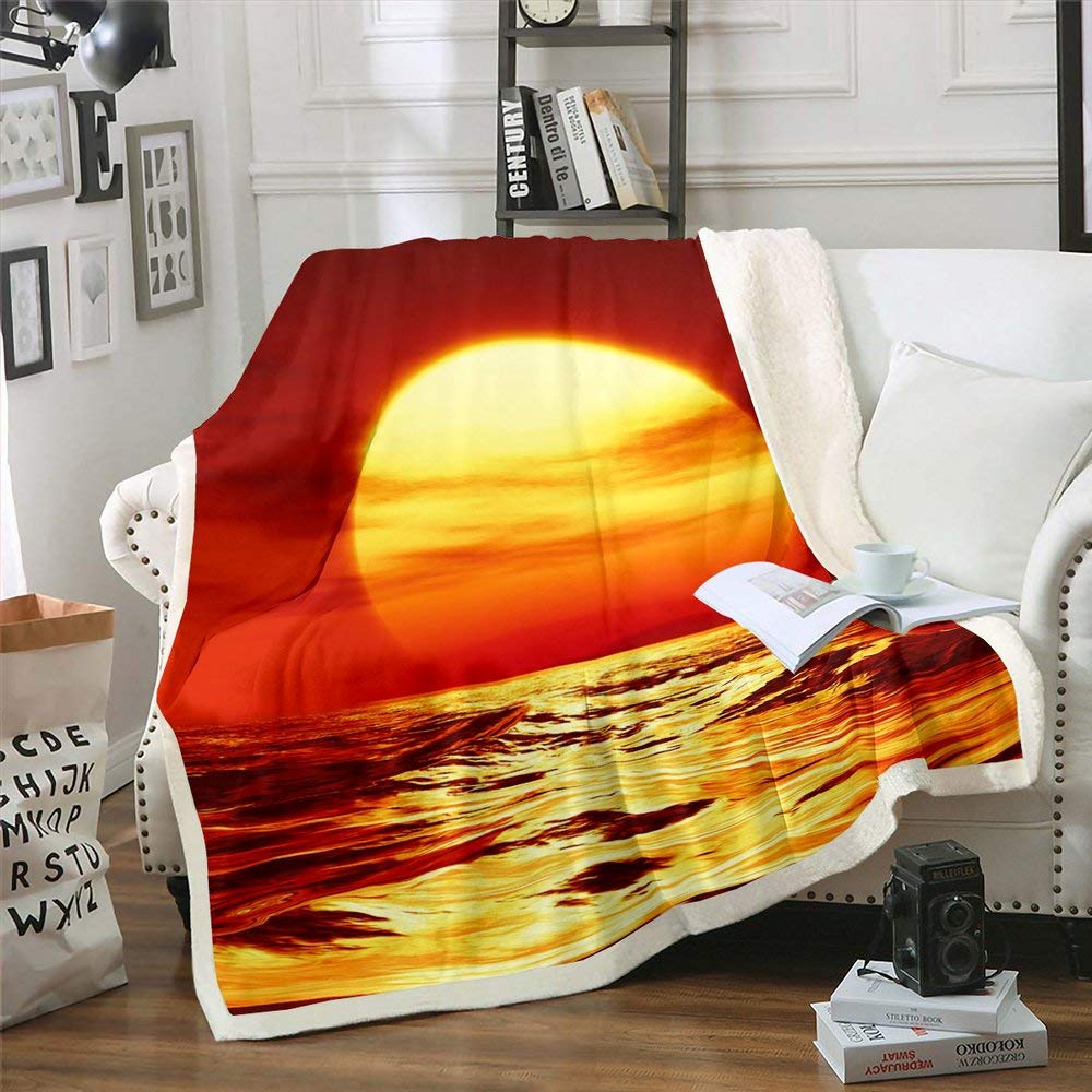 Sunset Nautical Throw Blanket - Orange Sea View Luxury Fleece Blanket 50x60 Inches - Super Soft & Warm Cozy Flannel Blanket for Couch, Bed, Sofa - Perfect for Living Room, Bedroom, Beach Picnics & Winter Snuggling