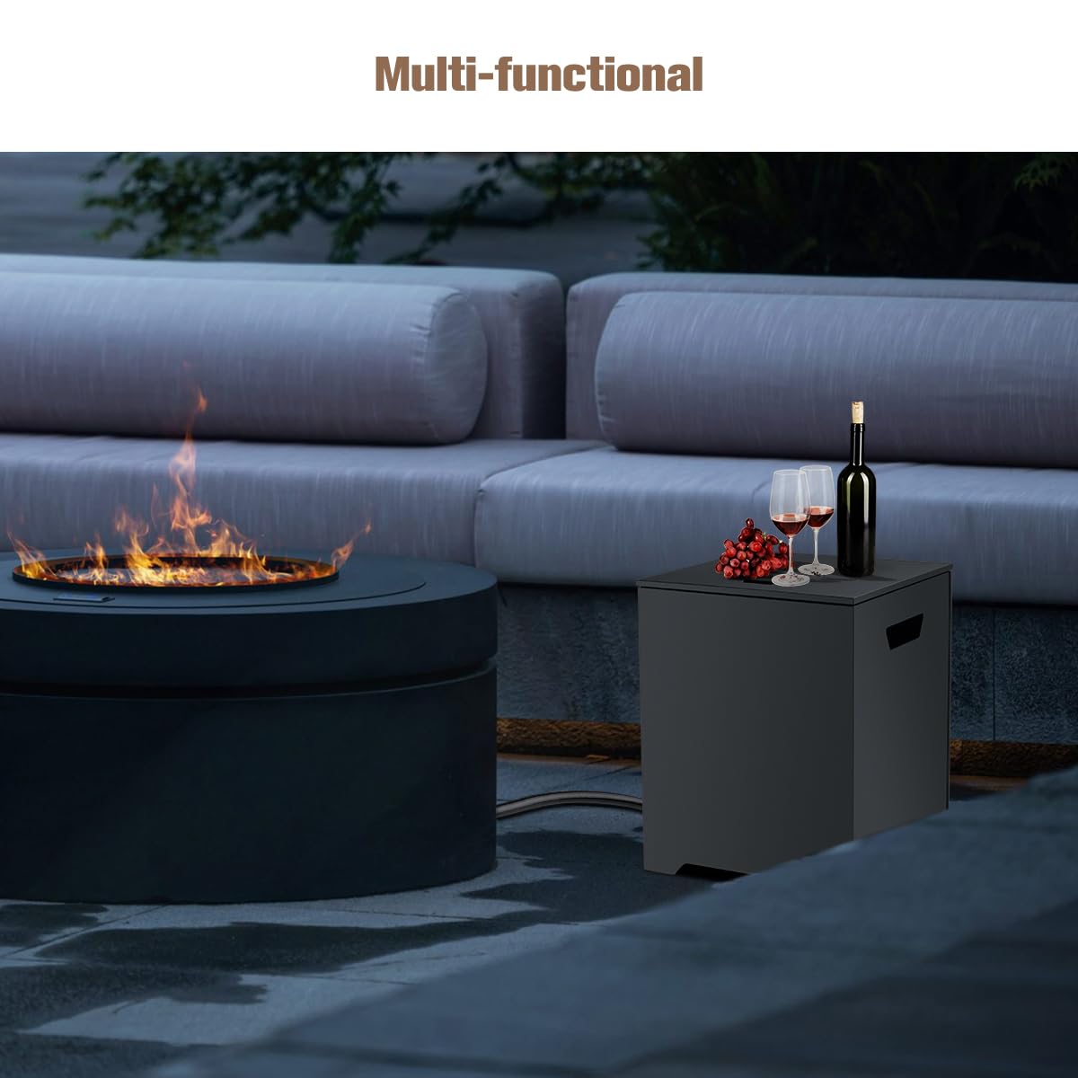 ThermoMate 20 LB Propane Tank Cover Table - Weatherproof Storage Box & Hideaway Side Table for Outdoor Fire Pit, Gas Griddle & BBQ - Durable Black Design for Patio, Deck & Backyard