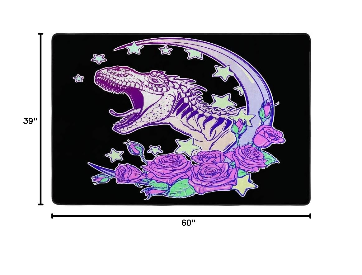 Washable Large Area Rug for Living Room & Bedroom - Soft Coral Thick Roaring Tyrannosaurus Moon Roses Pastel Goth Design | Modern Dinosaur Themed Rug for Kids Room, Nursery, or Gothic Home Decor