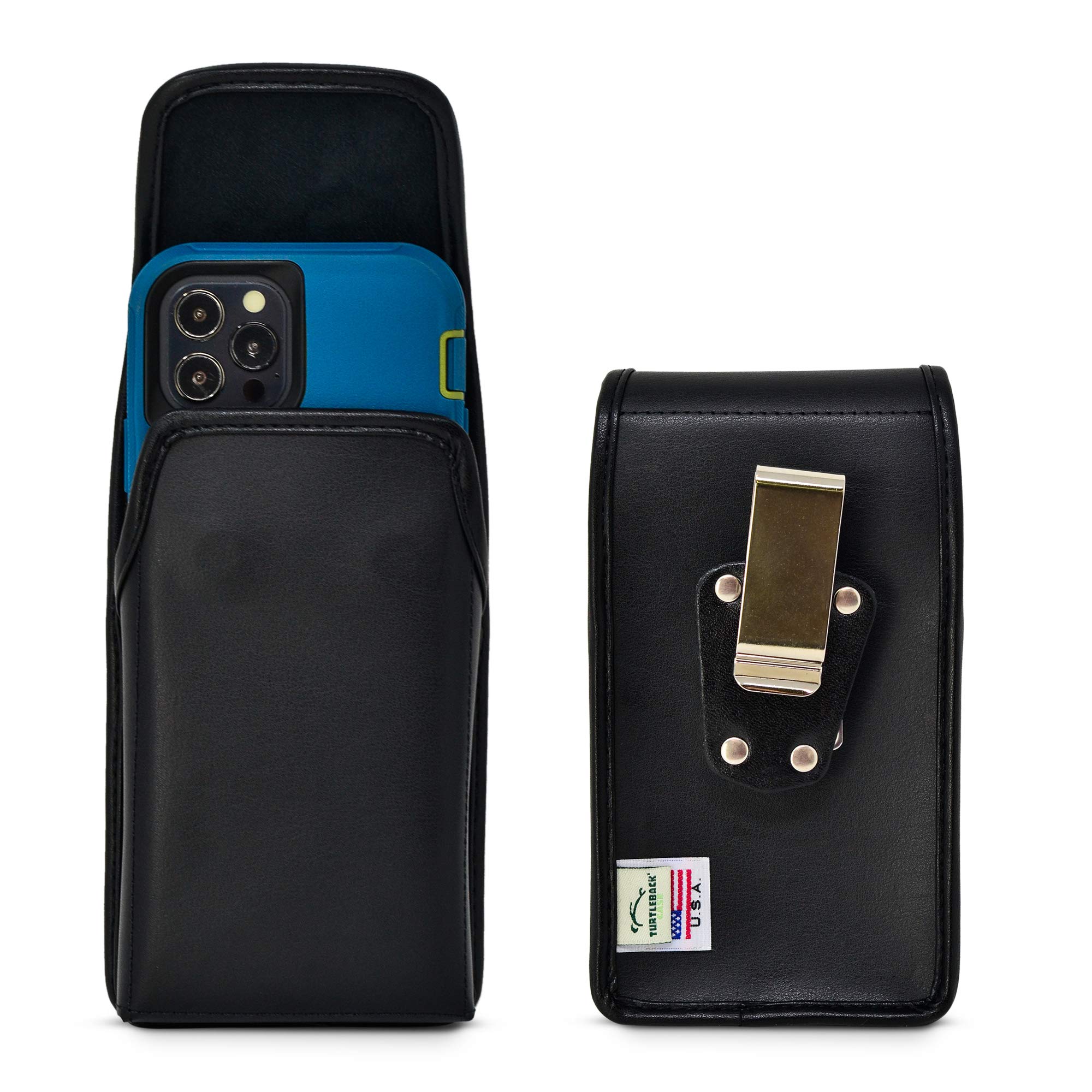 Premium Leather Phone Holster for iPhone 14/14 Pro/13/13 Pro/12/12 Pro - Black Belt Clip Phone Holder with Magnetic Closure & Metal Clip - Fits Bulky Cases - Perfect for Outdoor Activities, Work & Travel