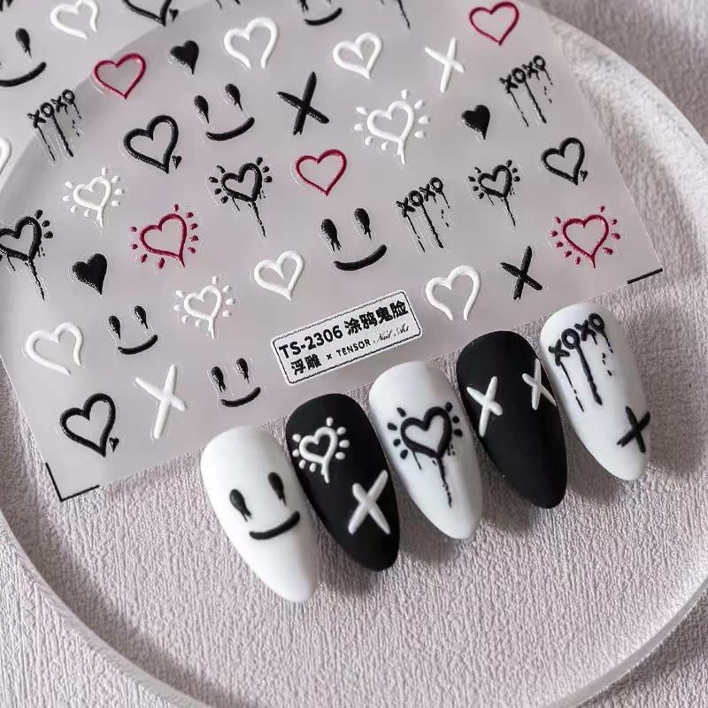 5D Smiley Face Nail Stickers - Self-Adhesive Embossed Nail Art Decals for Women & Men - Perfect for Couples Matching, DIY Nail Designs & Party Nail Decorations