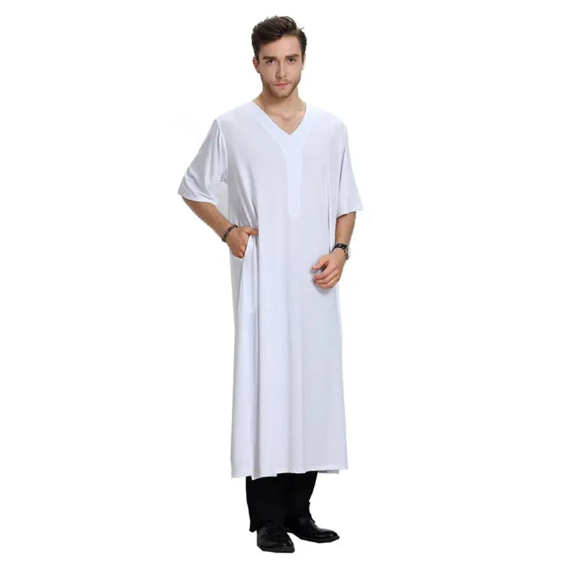 Arab Middle East V-Neck Short Sleeve Men's Robe Thobe Thawb - Comfortable Islamic Prayer Dress for Daily Wear & Special Occasions