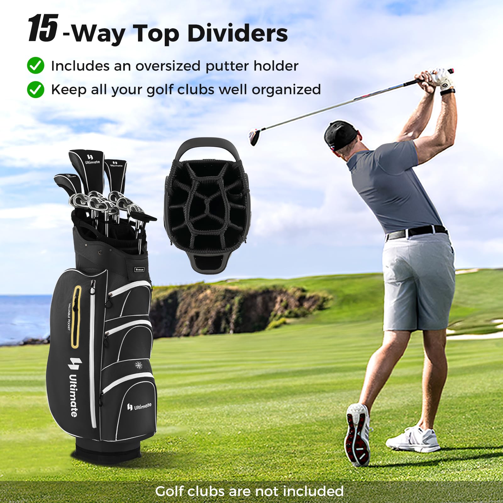 ULTIMATE Golf Cart Bag with 15-Way Top Dividers - Lightweight Portable Golf Club Organizer with Individual Putter Holder, 7 Storage Pockets, Built-in Cooler Bag, Rain Hood, Umbrella Holder & Comfortable Shoulder Strap - Perfect for Golf Tournaments, Driving Range Practice & Weekend Golf Outings