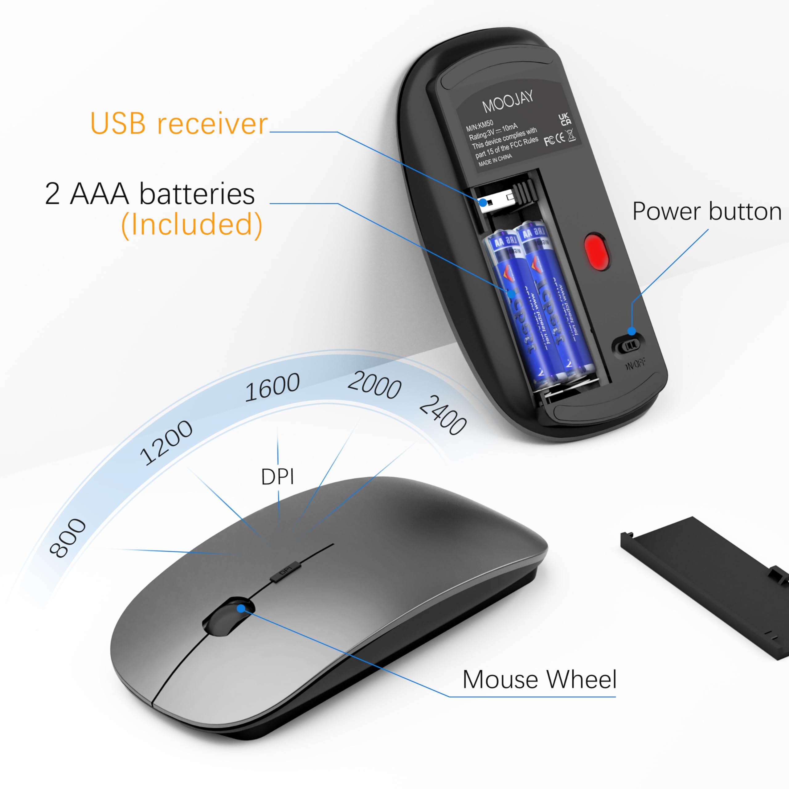 MOOJAY Wireless Keyboard and Mouse Combo - Ultra Slim 2.4G USB Quiet Keyboard with Scissor Switch, Ergonomic Mouse & Mouse Pad - Includes 2 AA/AAA Batteries & Protective Cover - Perfect for Office, Home, PC, Laptop, Windows (Gray Black)
