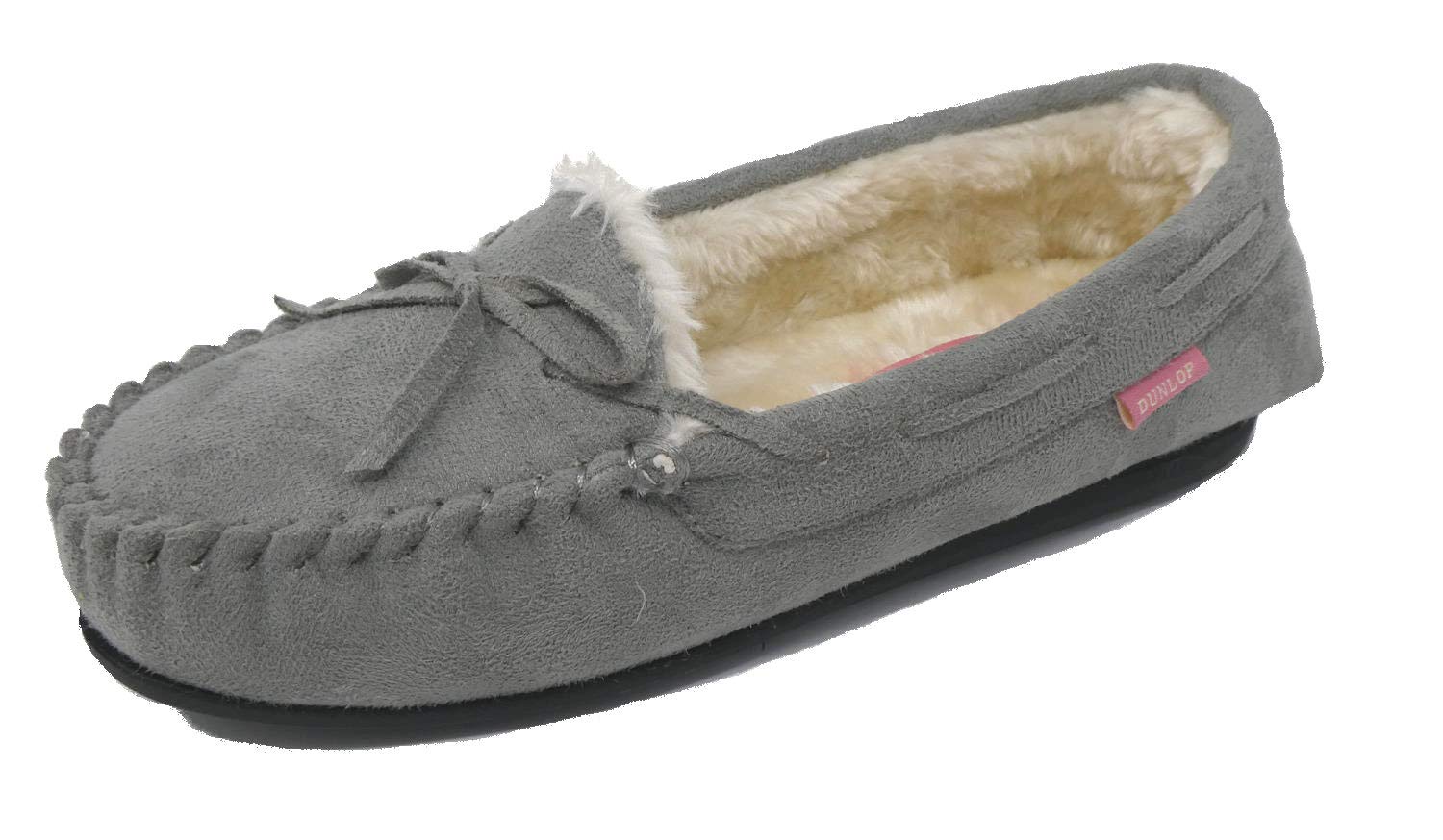 DUNLOP LS152 BETH Women's Moccasin Slippers - Grey Comfort House Shoes for Women UK Sizes 3-8 (Medium Width) | Cozy Indoor/Outdoor Wear for Relaxation & Lounge