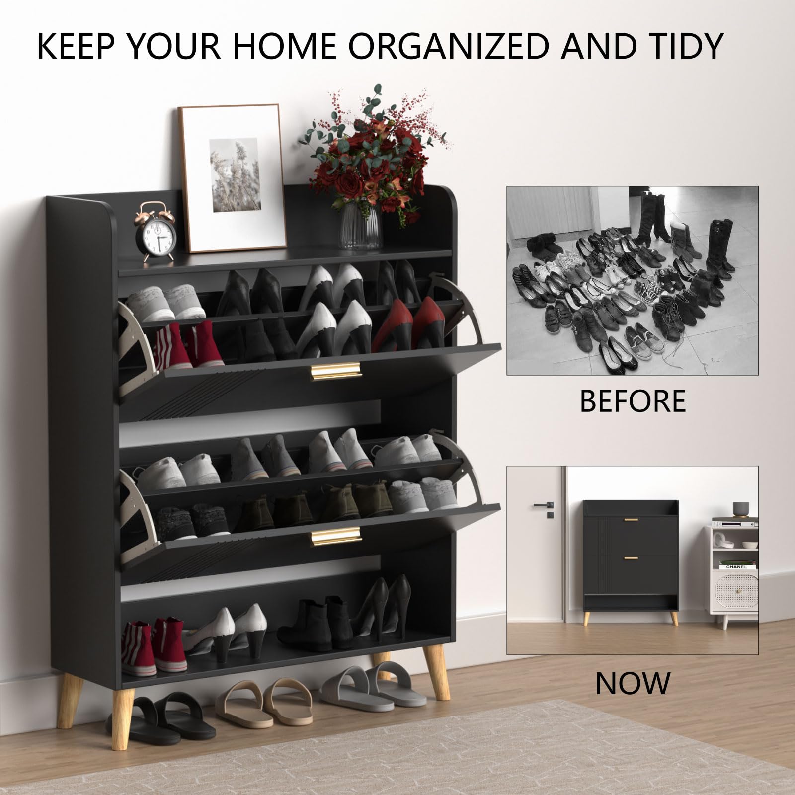 Garden 4 You 2-Drawer Shoe Storage Cabinet with Wooden Legs - Freestanding Shoe Organizer for Entryway, Hallway, Living Room & Bedroom - Space Saving Narrow Shoe Rack for Small Spaces (Black) - Perfect for Apartment Dwellers & Home Organization