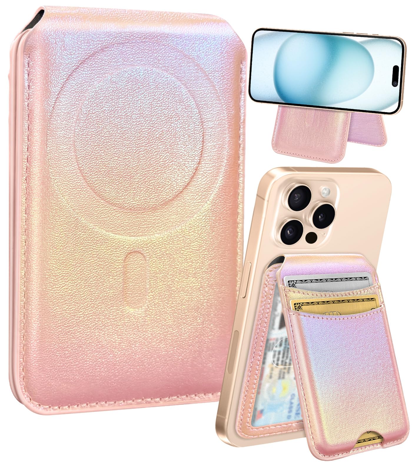Magnetic Fold Card Holder for iPhone 16/15/14/13/12 Series - Shorogyt Magsafe Compatible Wallet with RFID Blocking, Printed Leather Design Holds 5 Cards (Purple) | Perfect for Women's Everyday Use, Travel & Contactless Payments