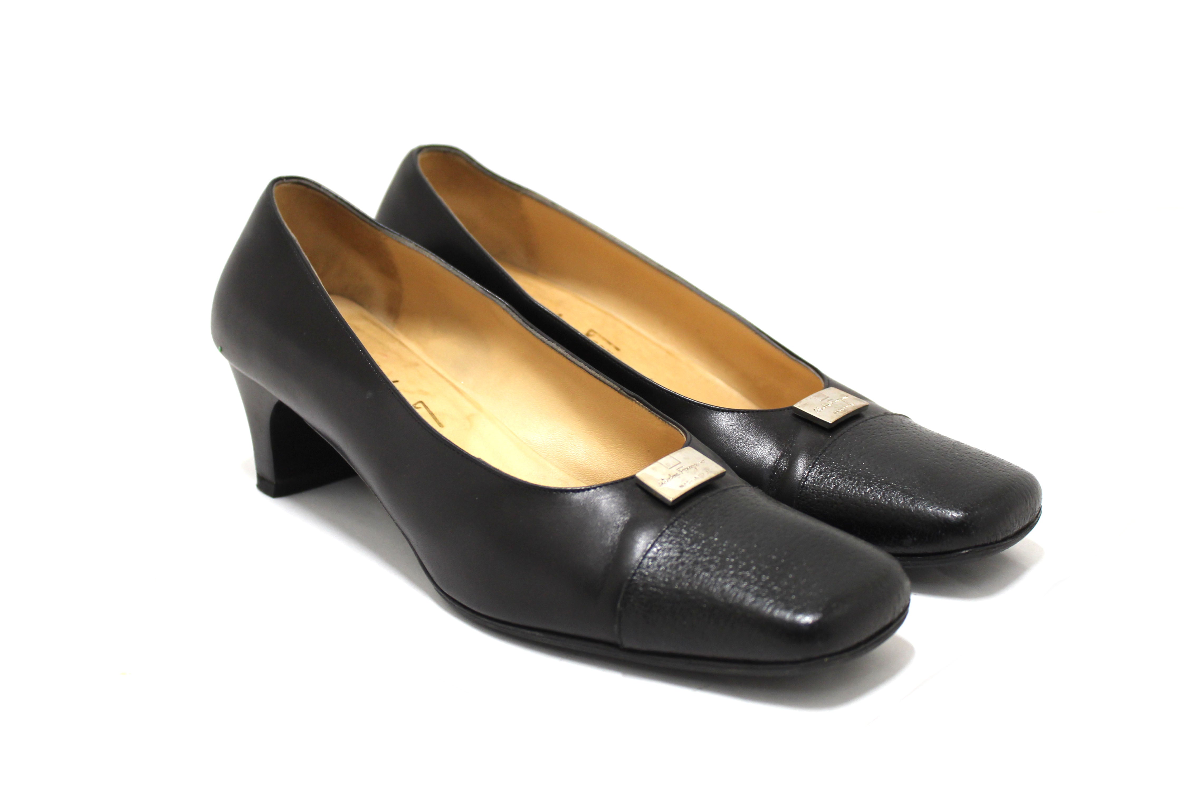 Authentic Salvatore Ferragamo Black Leather Ramila 5cm Heel Pumps Women's Shoes Size 7.5D - Perfect for Office, Parties & Formal Events