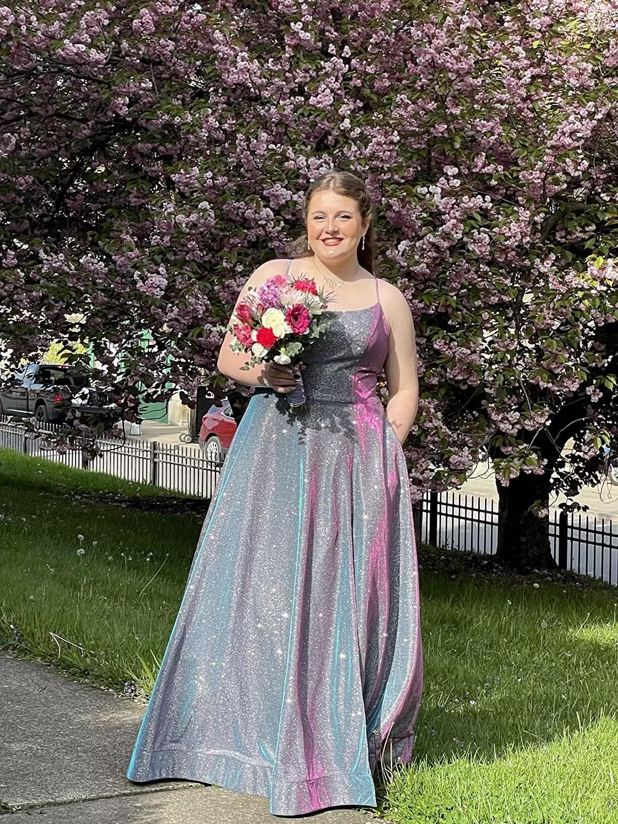 Sparkly Satin Prom Dresses for Women 2025 - Elegant Spaghetti Strap A-Line Evening Gown with Thigh Slit & Pockets | Perfect for Homecoming, Formal Balls, Weddings & Special Occasions