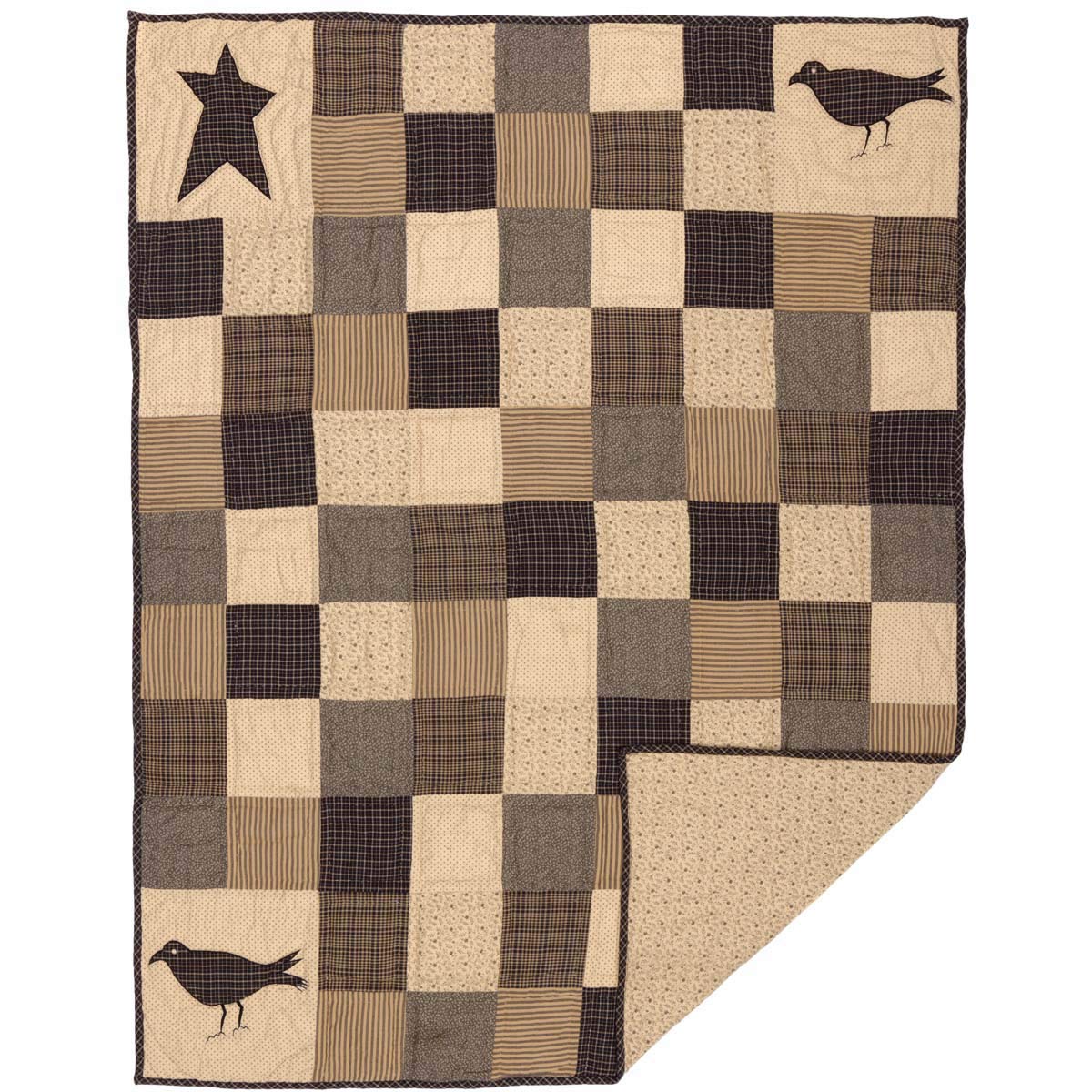 VHC Brands Kettle Grove Crow and Star Cotton Primitive Decor Rod Pocket Pre-Washed Appliqued Throw Blanket, 60x50 Inches, Patchwork Design - Perfect for Farmhouse Bedroom, Rustic Living Room, and Cozy Sofa Decor