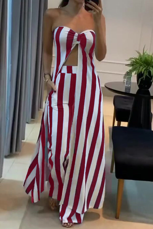 Women's Striped Off-Shoulder Long Sleeve Top & Loose Pocket Straight Pants Casual Outfit Set - Perfect for Daily Wear, Office, Dating and Weekend Outings