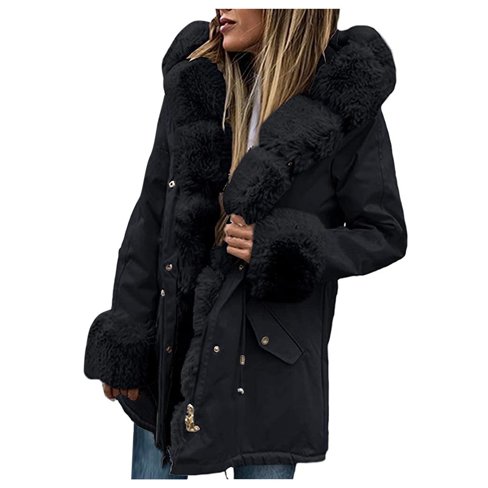 Women's Fleece Hooded Jacket with Drawstring & Faux-Fur Trim - Warm Winter Coat with Zipper - Slim Fit Outerwear for Casual Wear & Outdoor Activities