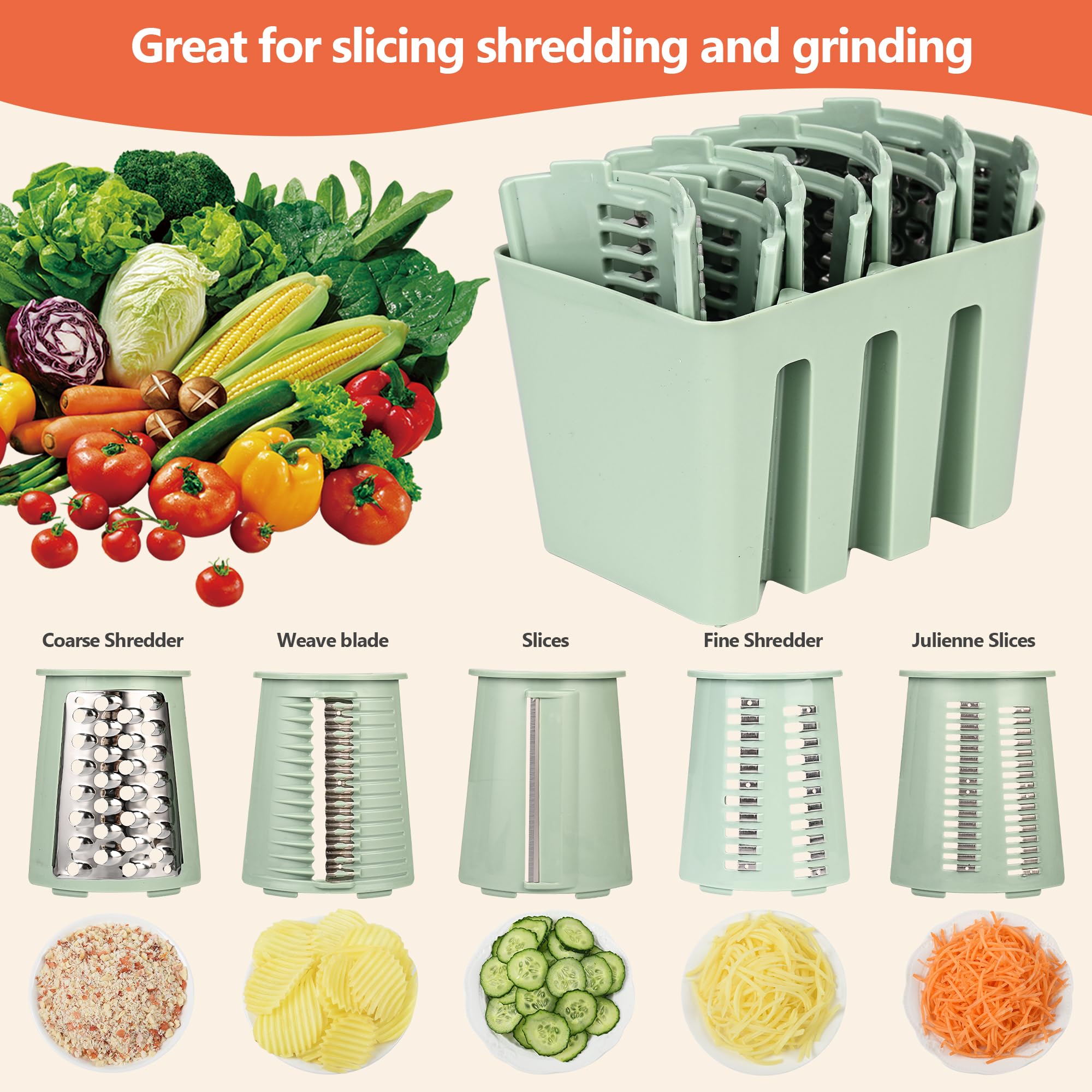 5-Blade Hand Crank Cheese Grater & Vegetable Slicer - Ergonomic Kitchen Countertop Shredder with Clean Brush for Cheese, Nuts & Matcha (Green) - Perfect for Meal Prep, Pizza Topping & Baking Accessories