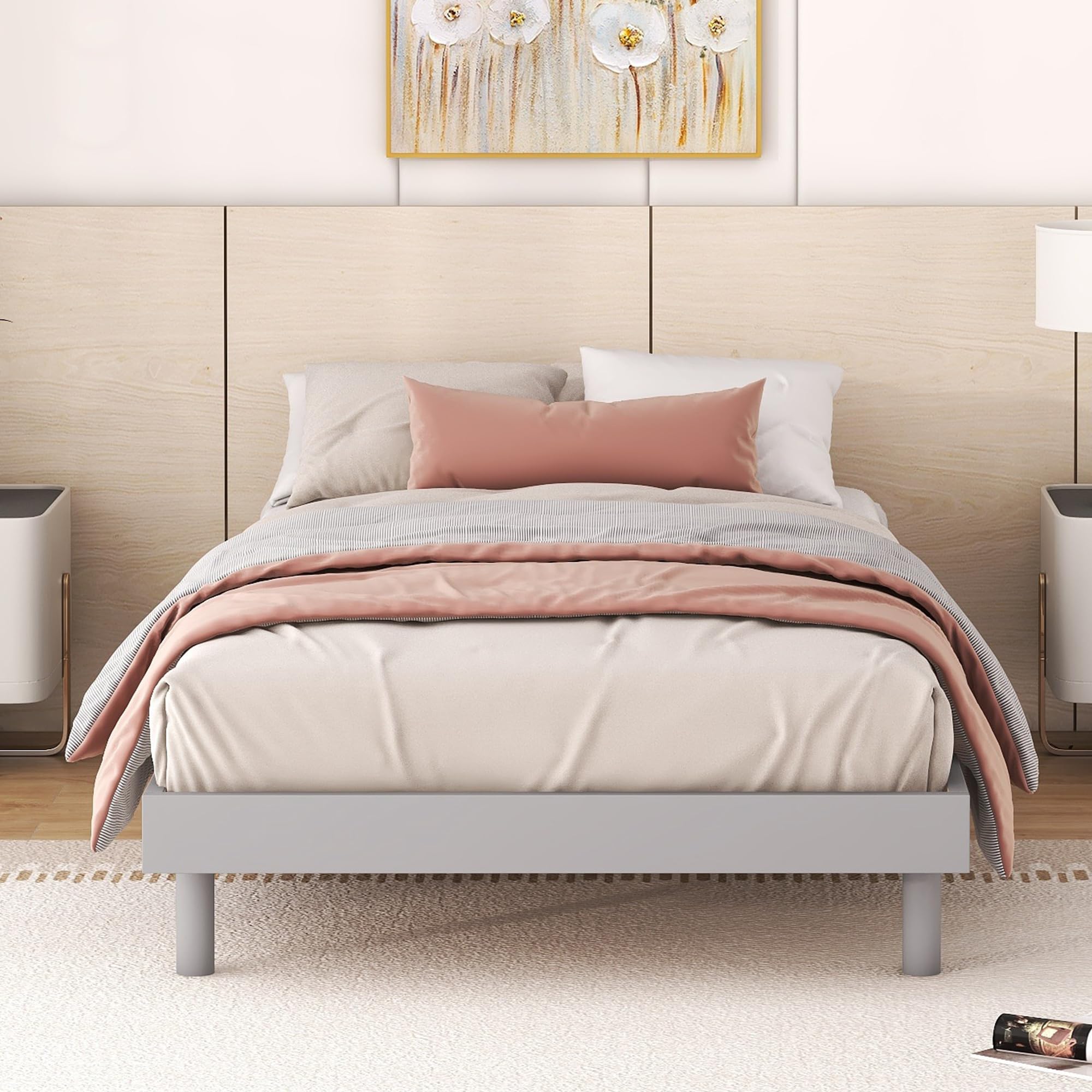 SOFTSEA Solid Wood Twin Size Floating Platform Bed Frame - Modern Low Profile Minimalist Design - No Box Spring Needed - Grey - Perfect for Small Bedrooms, Guest Rooms & Modern Apartments
