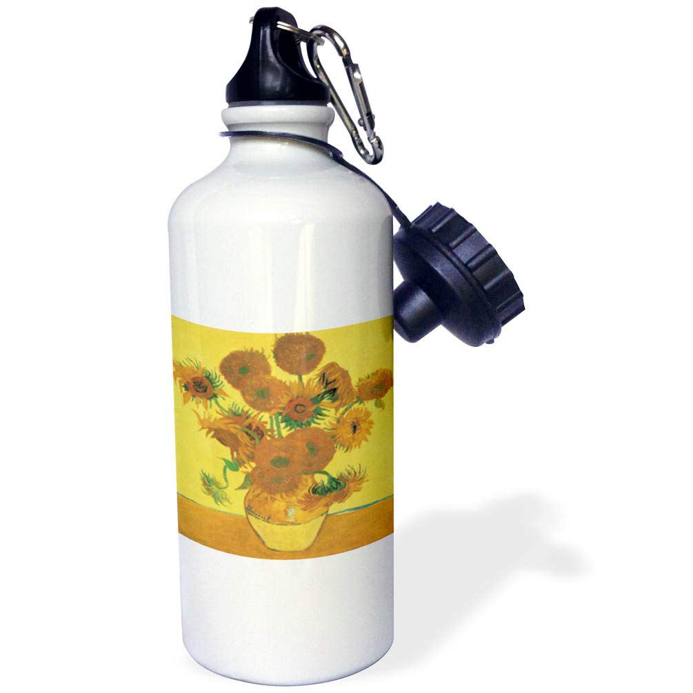 3D Rose Vincent Van Gogh Sunflowers Water Bottle - 21 oz Insulated Sports Bottle with Impressionist Art, White - Perfect for Gym, Hiking & Outdoor Activities