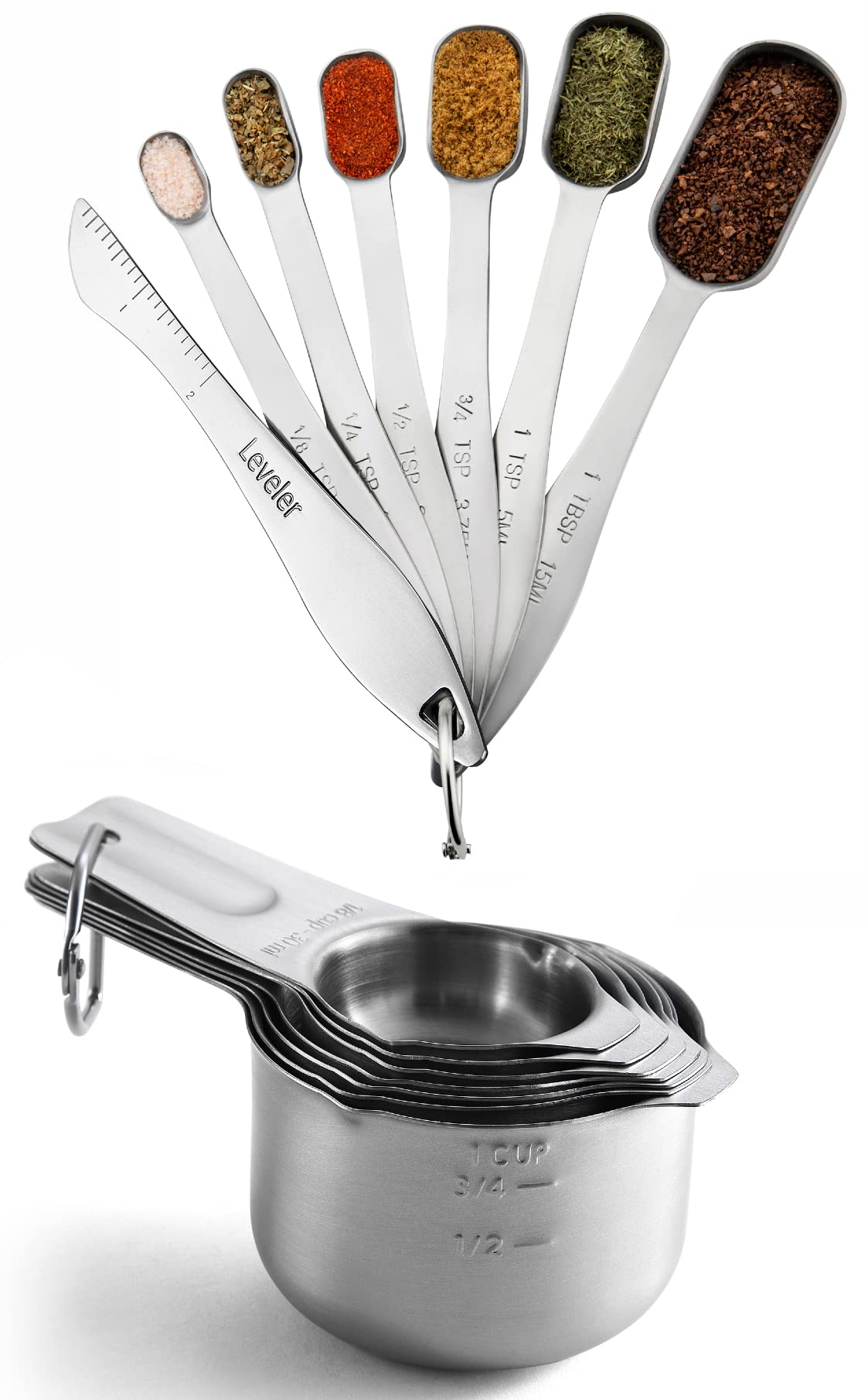 Spring Chef Stainless Steel Measuring Spoons & Cups Set - 2-Piece Kitchen Bundle for Baking & Cooking | Rectangular Spoons & Round Cups