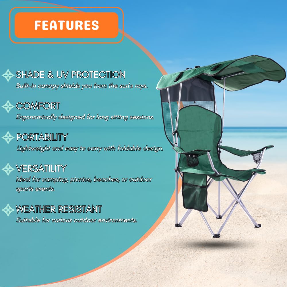 CozyBox Portable Folding Camping Chair with Canopy Shade - Heavy Duty 600D Oxford Fabric Beach Chair for Adults - Weather Resistant Outdoor Lounge Chair for Camping, Beach, Picnics & Backyard Relaxation [Green]