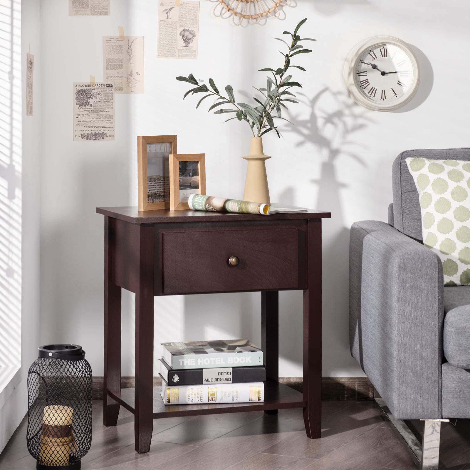 Modern Nightstand with Drawers & Shelf - Solid Pine Wood Bedside Table for Bedroom & Living Room - Espresso Finish