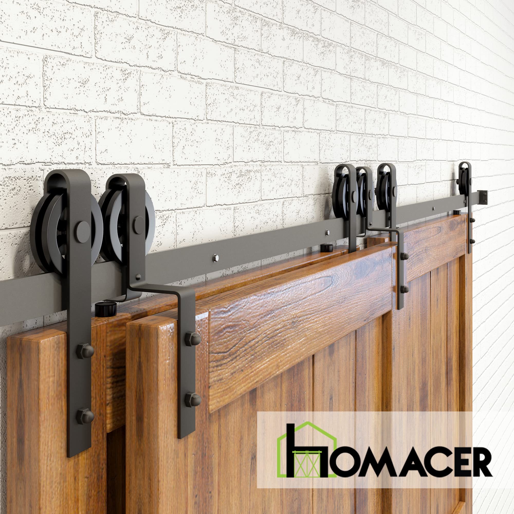 Homacer Black Rustic Single Track Bypass Sliding Barn Door Hardware Kit - 5.5ft Flat Track with Spoke Wheel Rollers (2 Flat + 1 Bent) for 3 Doors - Perfect for Farmhouse, Loft & Industrial Style Homes