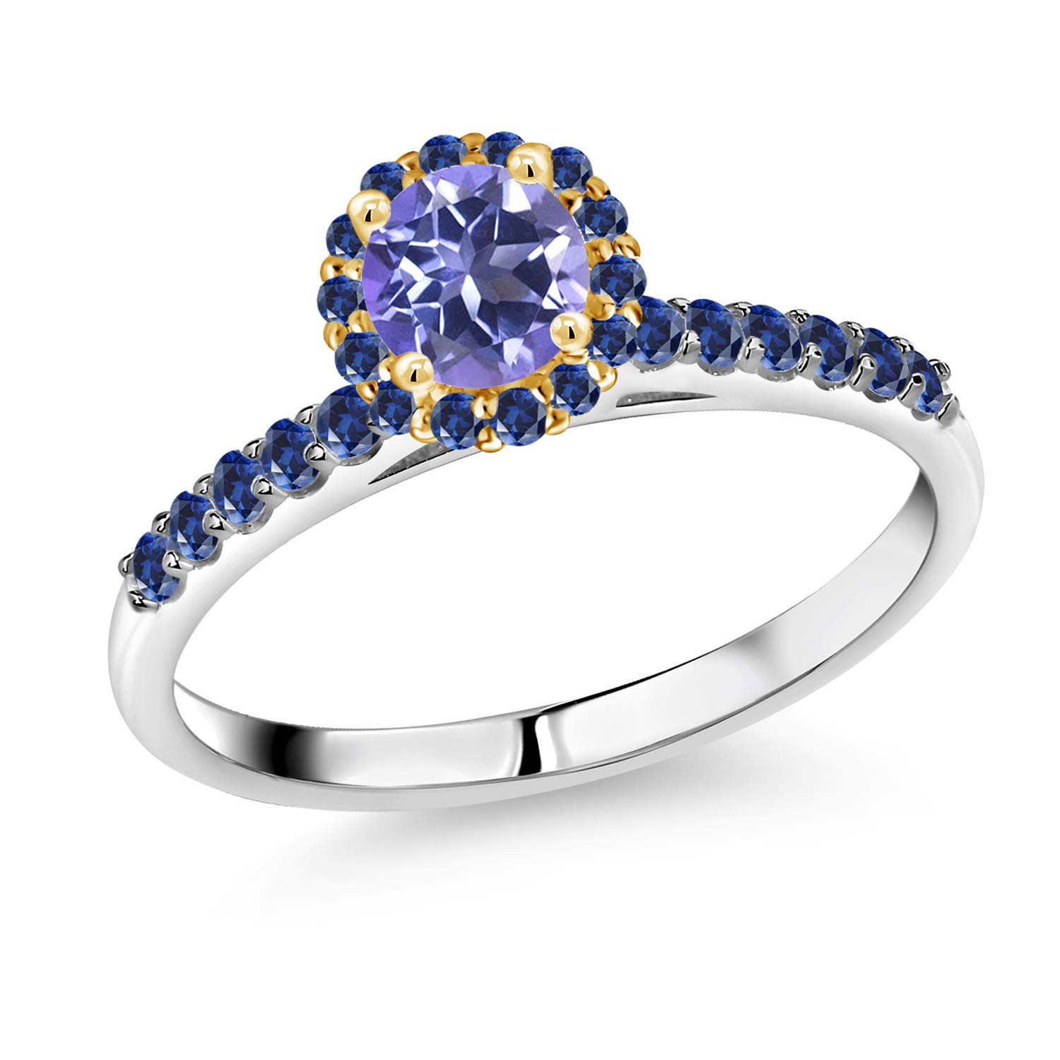 1.03 Ct Blue Mystic Topaz & Created Sapphire 10K White Gold Ring with Yellow Gold Prongs | Gem Stone King | Elegant Jewelry for Weddings, Anniversaries & Special Occasions