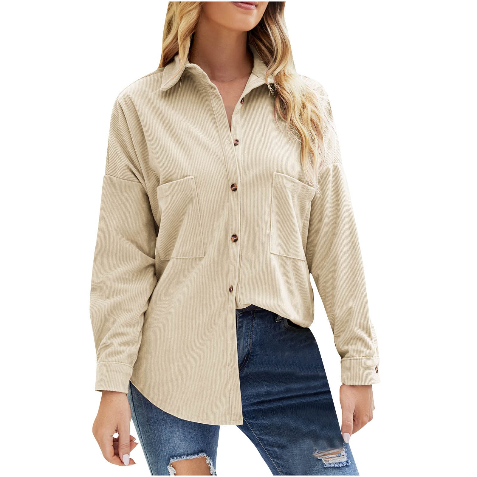 Trendy Women's Corduroy Button-Down Shacket - Fall Jacket with Long Sleeves, Casual Boyfriend Blouse & Top for Autumn Outfits | Perfect for Layering, Outdoor Activities & Daily Wear