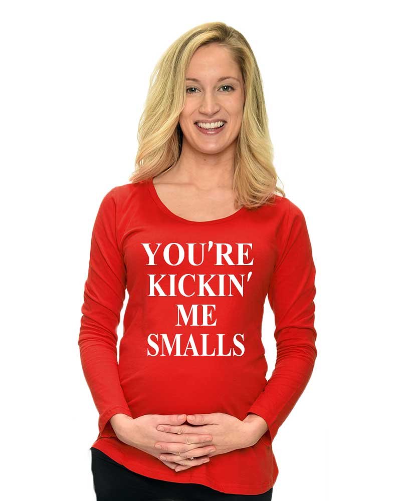 PandoraTees Maternity Long Sleeve T-Shirt - Comfortable Pregnancy Shirt with Funny 'You're Kickin' Me Smalls' Print | Perfect for Casual Wear, Baby Showers & Maternity Photos