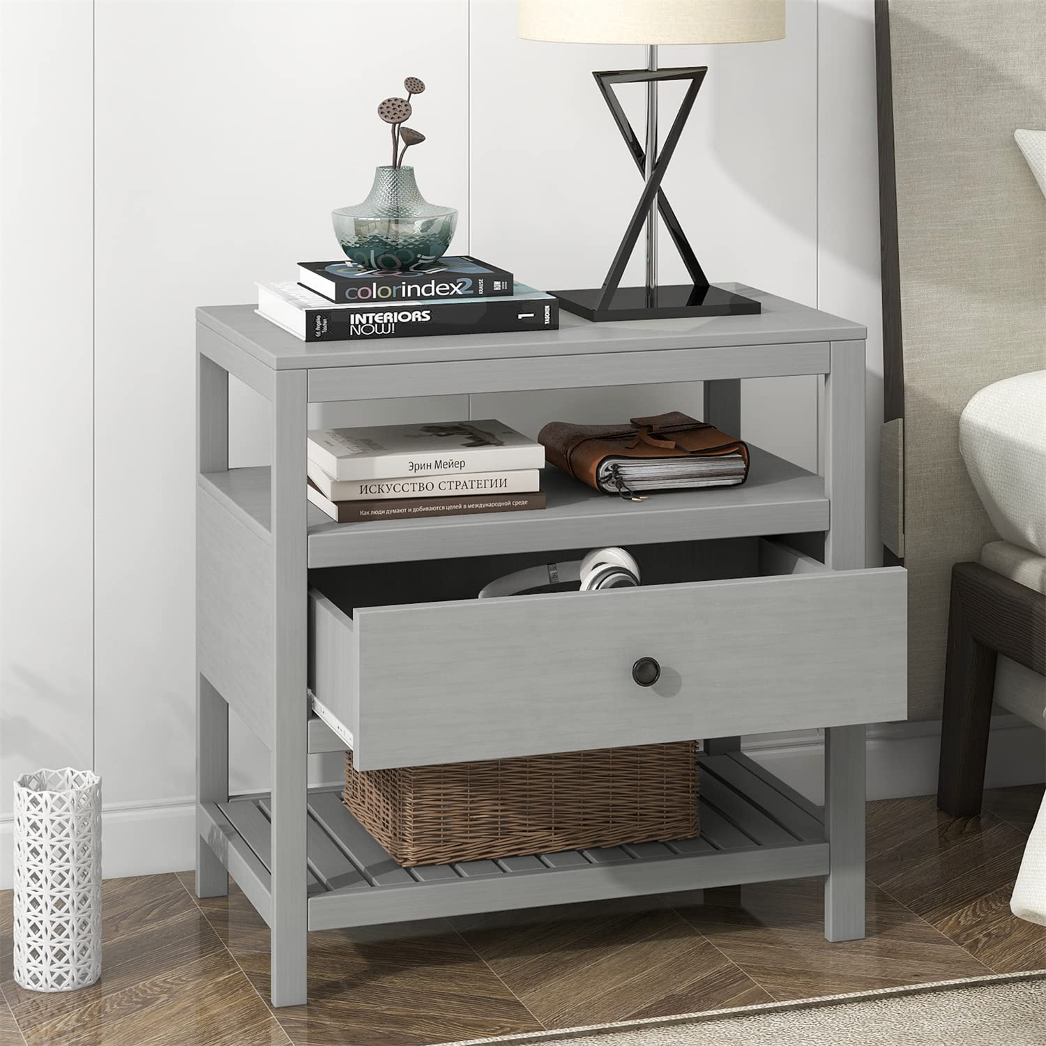 Modern Gray Wooden Nightstand with Drawer & Open Shelves - Bedside End Table for Living Room & Bedroom - Perfect for Storing Books, Lamps & Bedroom Essentials