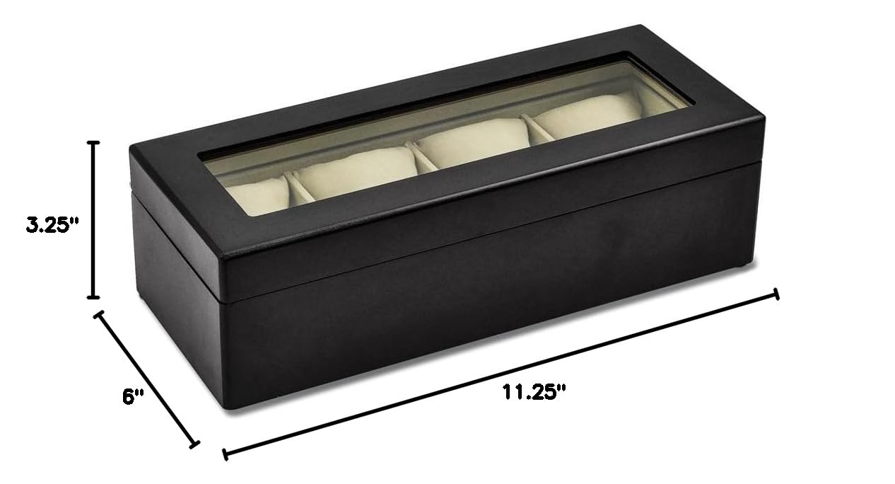 Premium Matte Black Wooden Watch Box with Glass Top - Velour Lining & Cushions for 4 Watches | Luxury Watch Storage & Display Case for Men's Jewelry Organization & Gift Giving