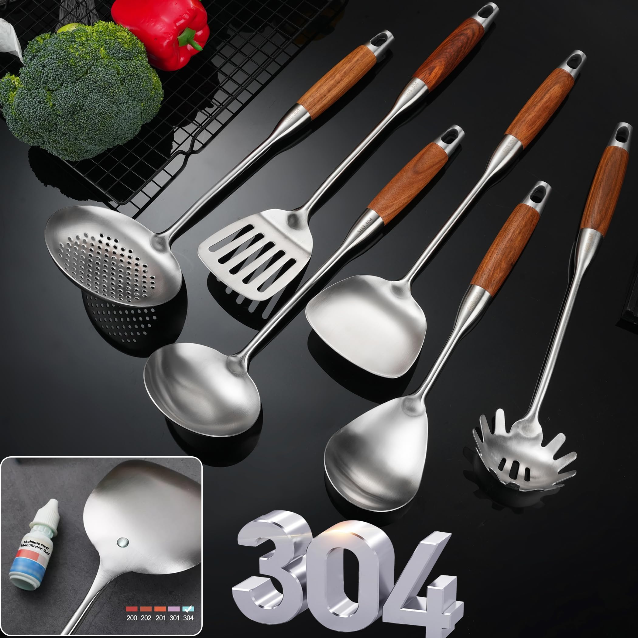 Premium 6-Piece Stainless Steel Kitchen Utensil Set with Wooden Handle - Wok Spatula, Ladle, Skimmer, Slotted Turner, Spaghetti Spoon & Large Spoon for Cooking, Frying & Serving - Ideal for Home Chefs & Restaurant Use