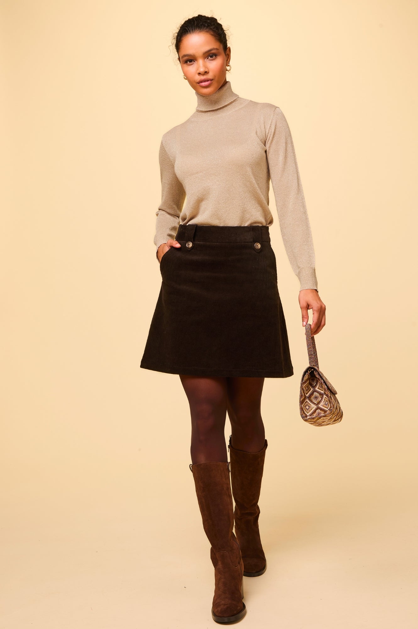 Lily Stretch Corduroy Skirt for Women - Comfortable High Waist A-Line Mini Skirt in Chocolate Brown | Perfect for Fall Outfits, Casual Wear & Office Fashion