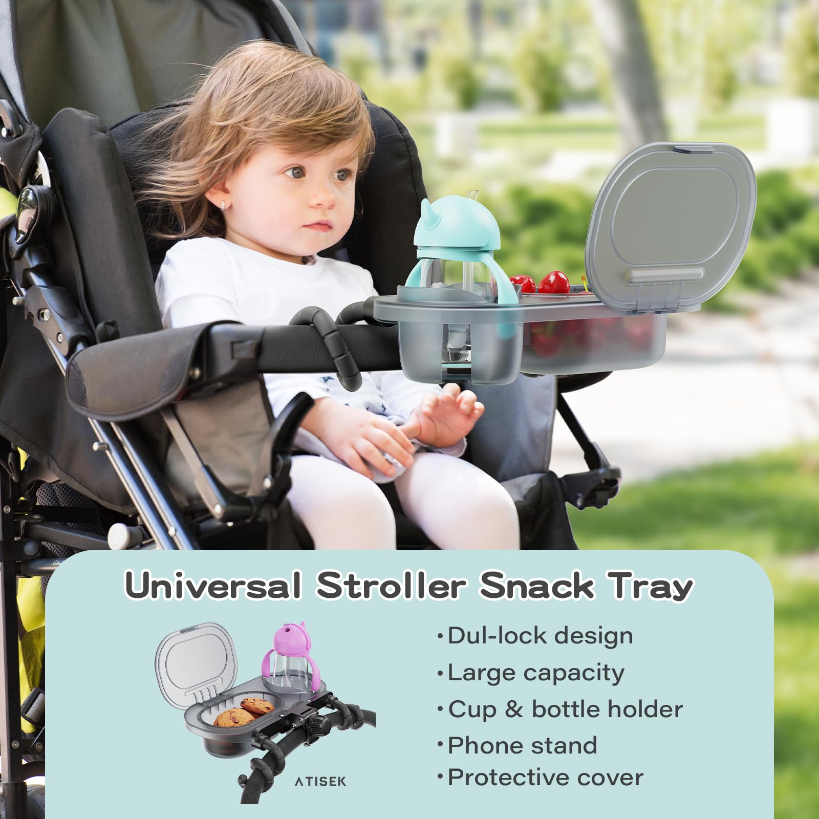 3-in-1 Universal Stroller Snack Tray with Dust Cover - Sturdy Cup Holder, Snack & Phone Organizer - Detachable & Dishwasher Safe Baby Travel Accessories for On-the-Go Parents - Perfect for Park Visits, Shopping & Road Trips
