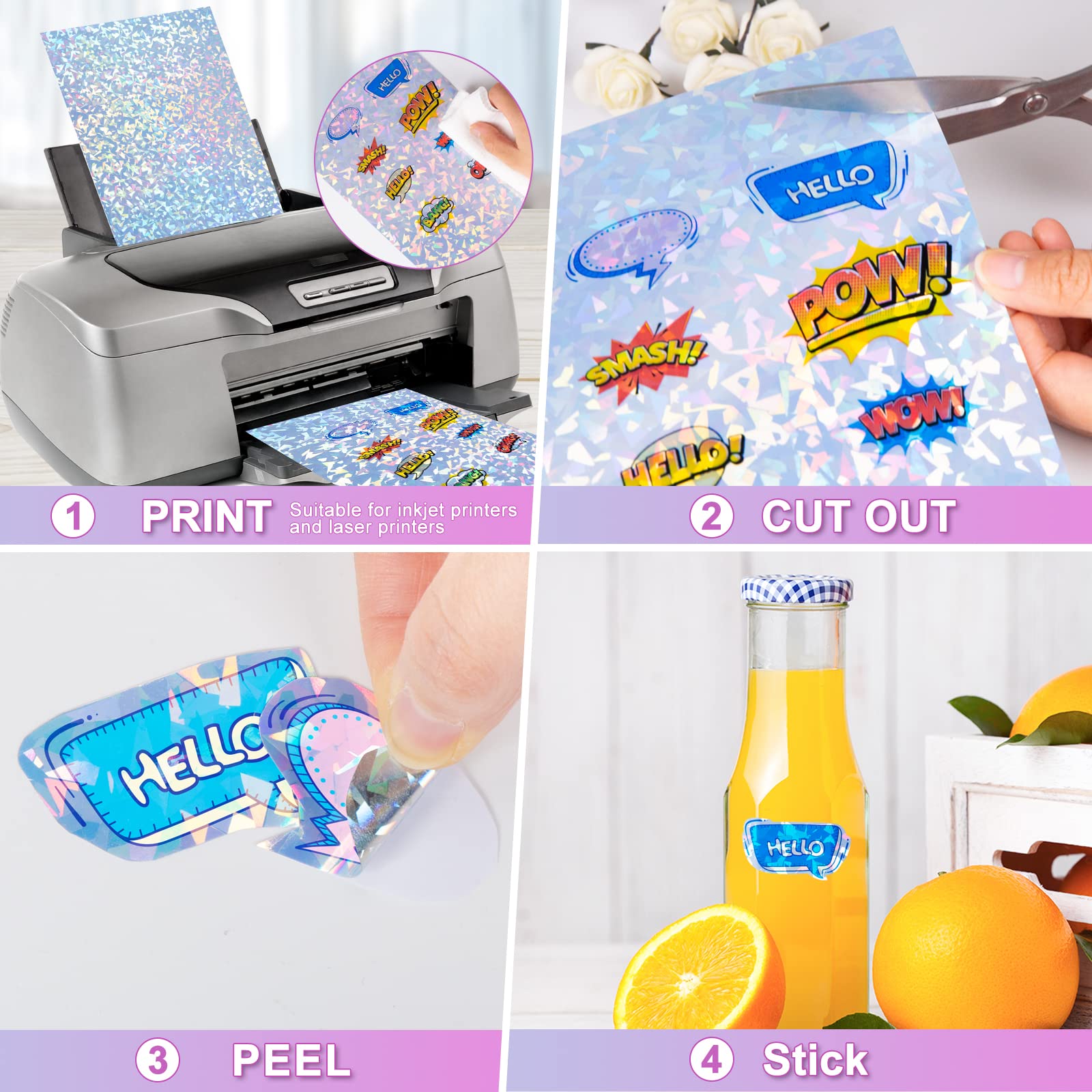 20 Sheets Holographic Sticker Paper for Inkjet & Laser Printers - Printable Vinyl Sticker Sheets, Quick-Drying & Waterproof - 8.5x11 Inch (Diamond/Rainbow/Dots/Transparent Options) - Perfect for DIY Crafts, Scrapbooking, Laptop Decals & Gift Packaging