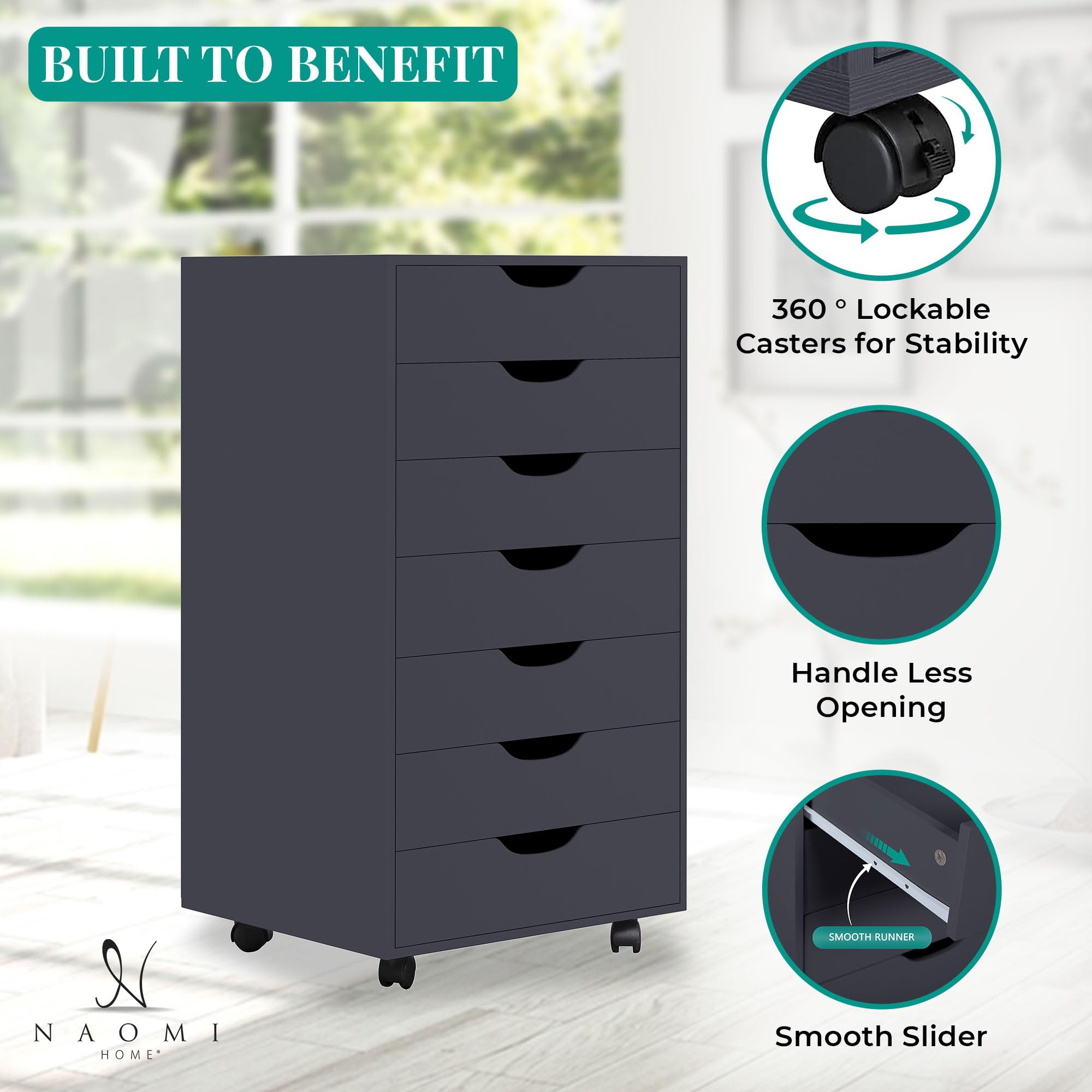 Naomi Home Debbie 7-Drawer Rolling Storage Cabinet - Black | Versatile Organizer for Crafts, Office Files & Home Storage | Mobile Chest for Bedroom, Living Room & Workspace