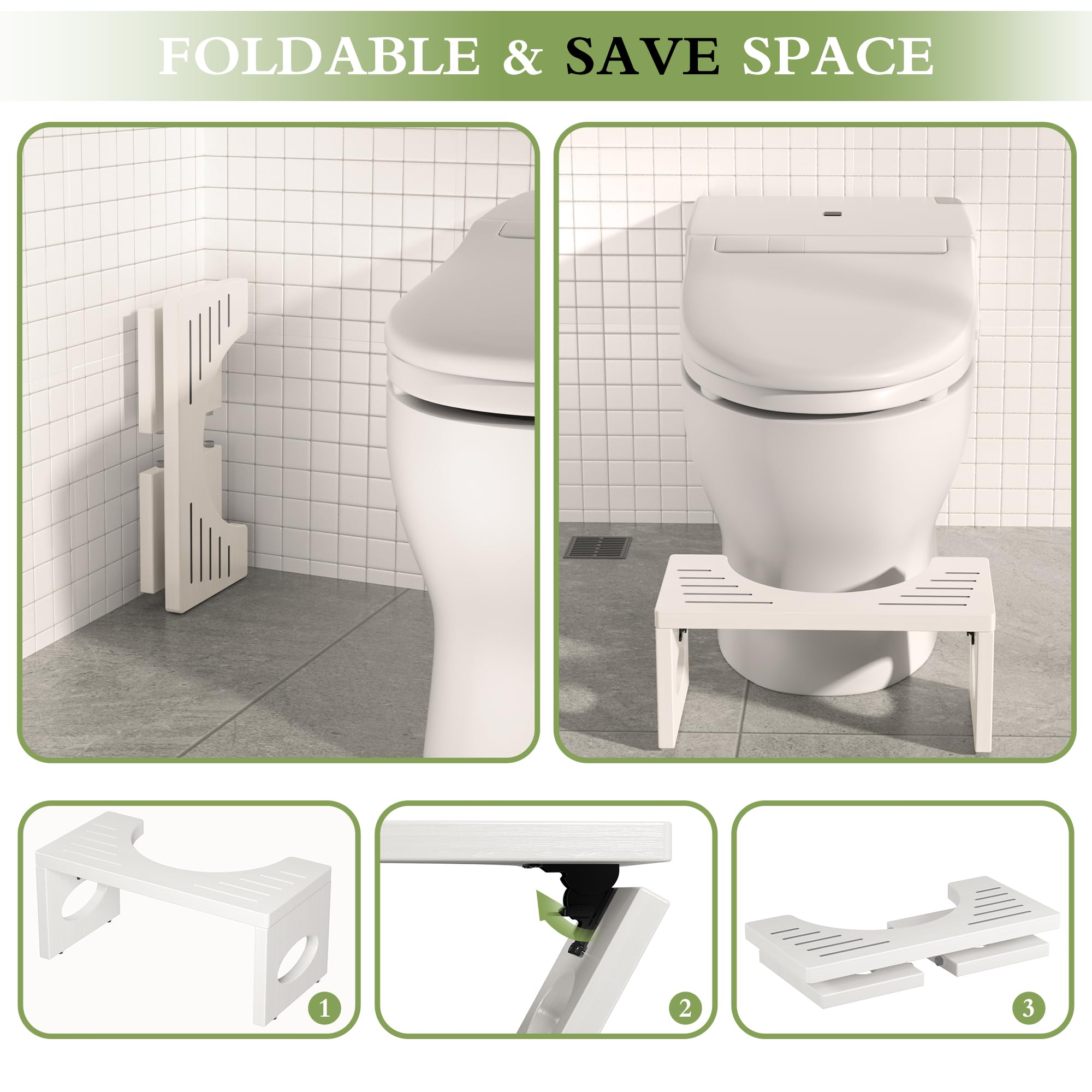7 Inch Foldable Bamboo Toilet Stool - Ergonomic Squatting Step Stool for Bathroom, Natural White - Perfect for Constipation Relief & Healthy Bowel Movement