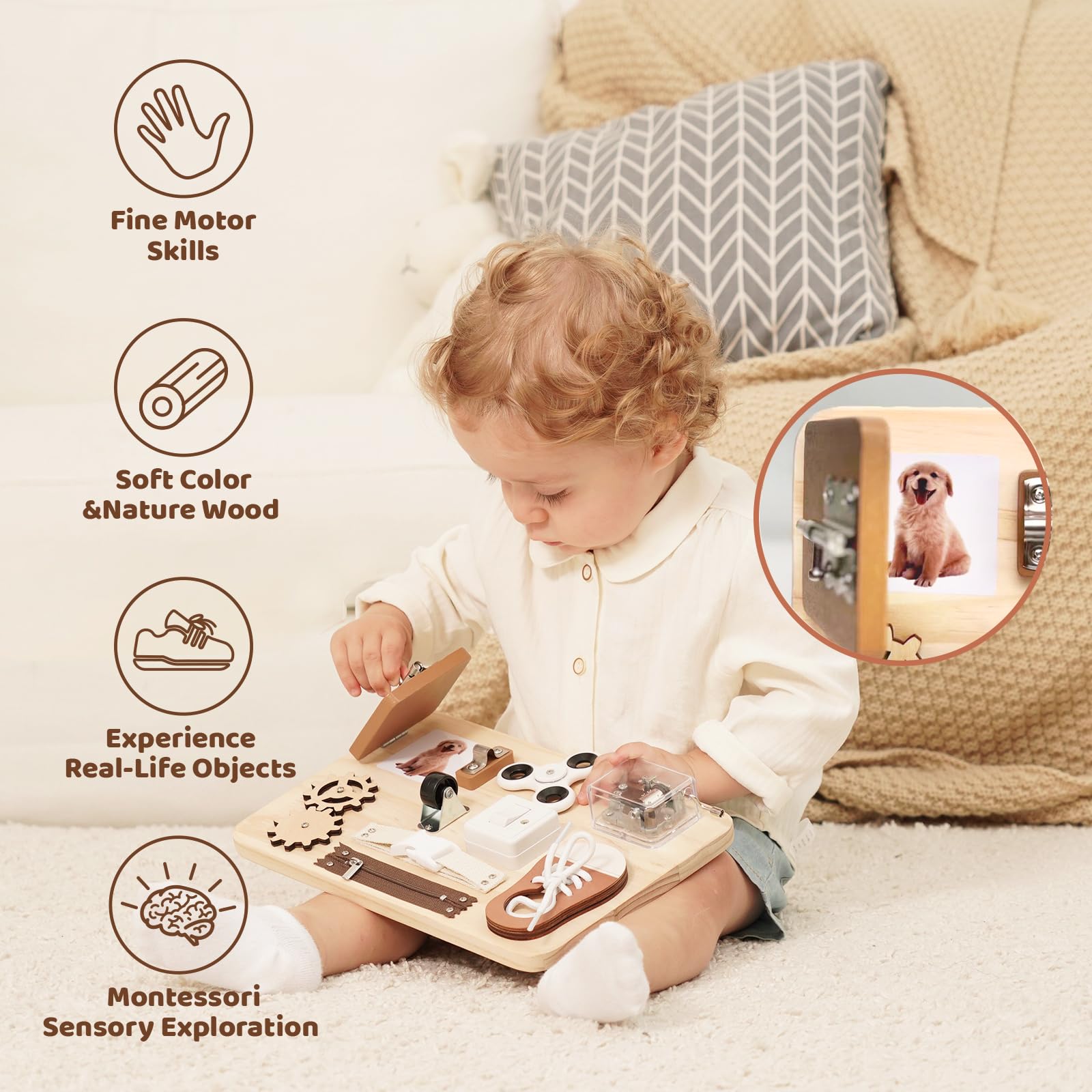 Montessori Wooden Busy Board for Toddlers 1-4 Years Old - Sensory Learning Toys for Fine Motor Skills Development - Autism Educational Fidget Toy - Travel Activity Board for Airplane & Car Rides - Perfect Gift for Preschool Boys and Girls