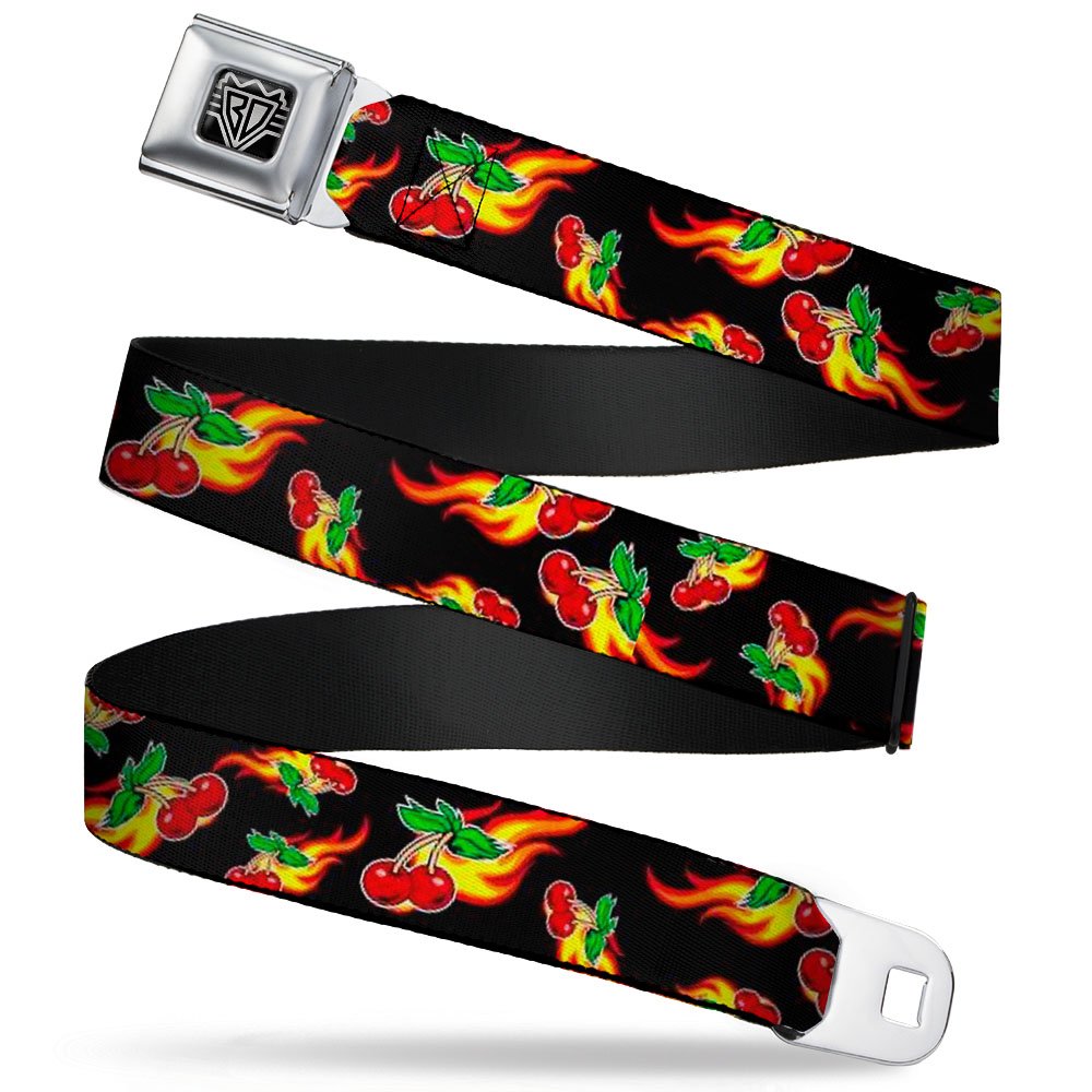 Buckle-Down Seatbelt Belt - Flaming Cherries Design on Black - Adjustable 1.0