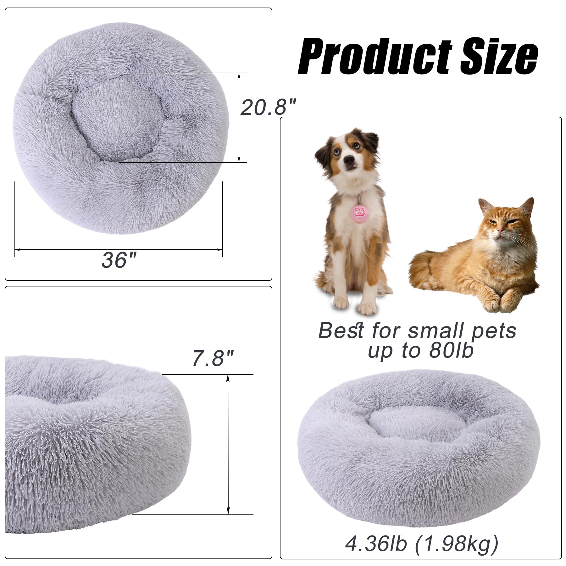 Calming Donut Dog Bed for Small to Medium Pets Up to 80 lbs - Anti-Anxiety Round Pet Bed with Fluffy Washable Cover & Non-Slip Bottom (36