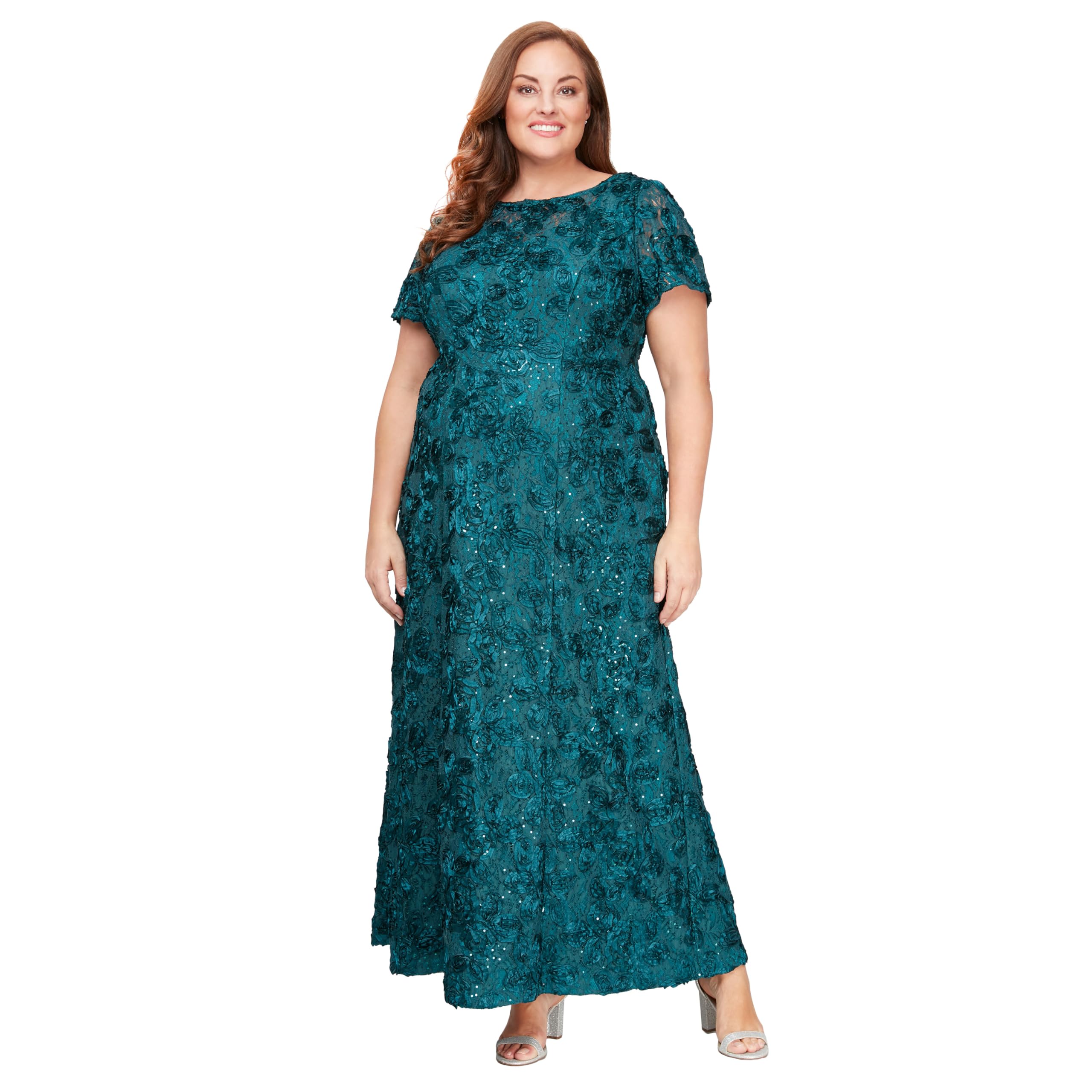 Alex Evenings Women's Plus Size Long Rosette Mother of The Bride Dress with Short Sleeves - Elegant Formal Gown for Weddings, Parties & Special Occasions