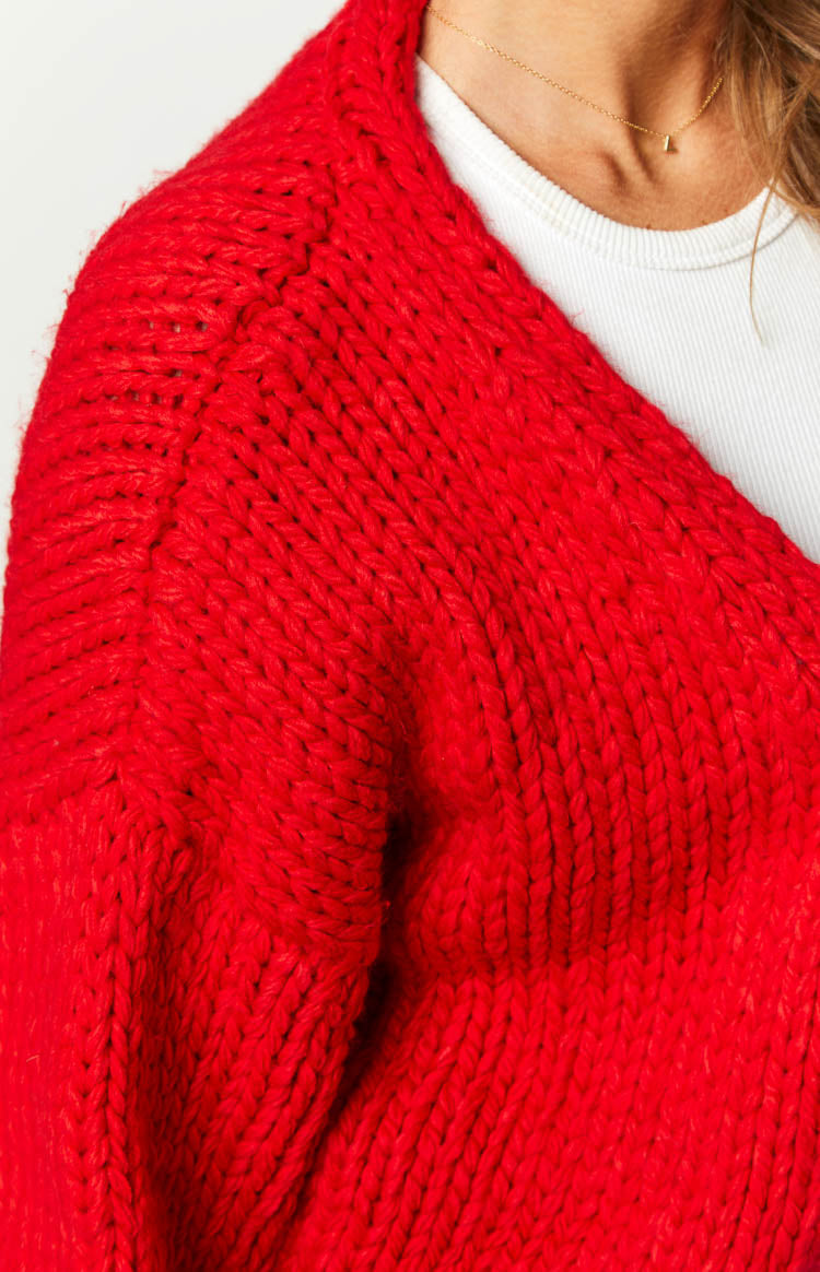 Stylish Red Knit Cardigan for Women - Cozy Winter Sweater with Buttons, Perfect for Casual Outfits & Office Wear