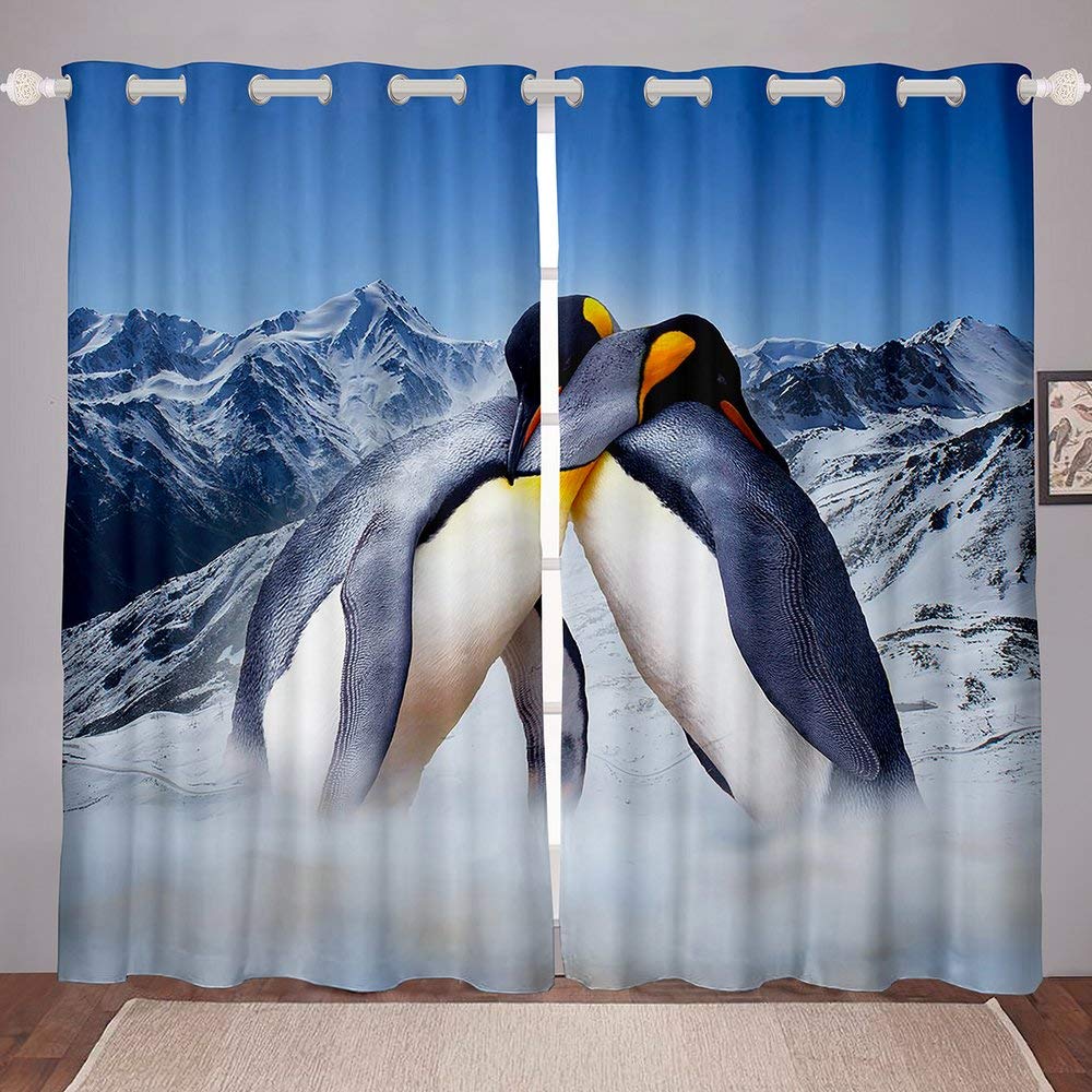 3D Cute Penguin Window Curtain Set - Modern Snow Mountain Design for Kids & Teens Bedroom Decor - 42x63 Inch Blackout Drapes - Perfect for Nursery, Playroom & Cozy Winter Themed Rooms