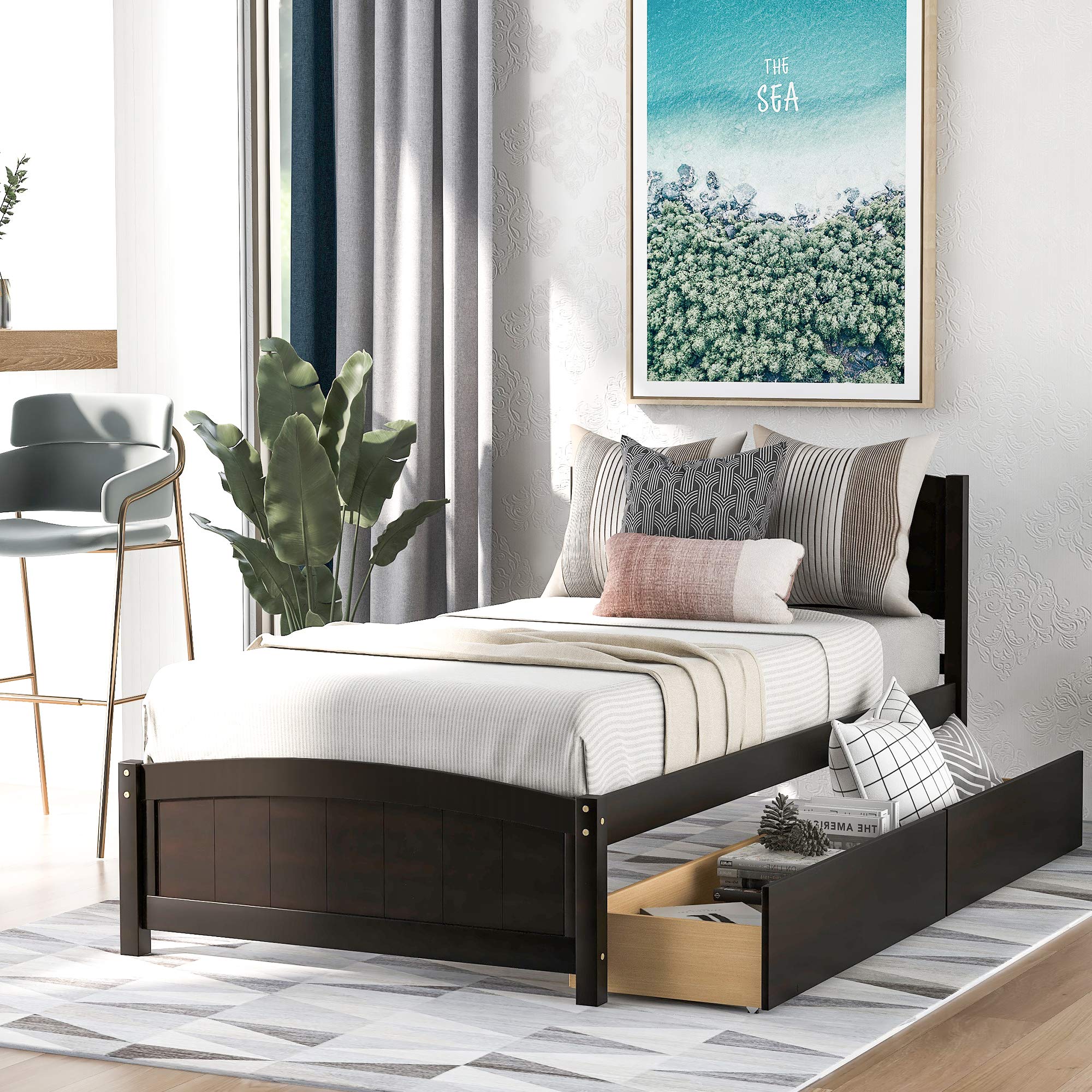 Harper & Bright Designs Twin Bed Frame - Solid Wood Platform Bed with 2 Storage Drawers, Headboard & Footboard, Wood Slat Support (Espresso) - Perfect for Kids Rooms, Guest Bedrooms & Small Spaces