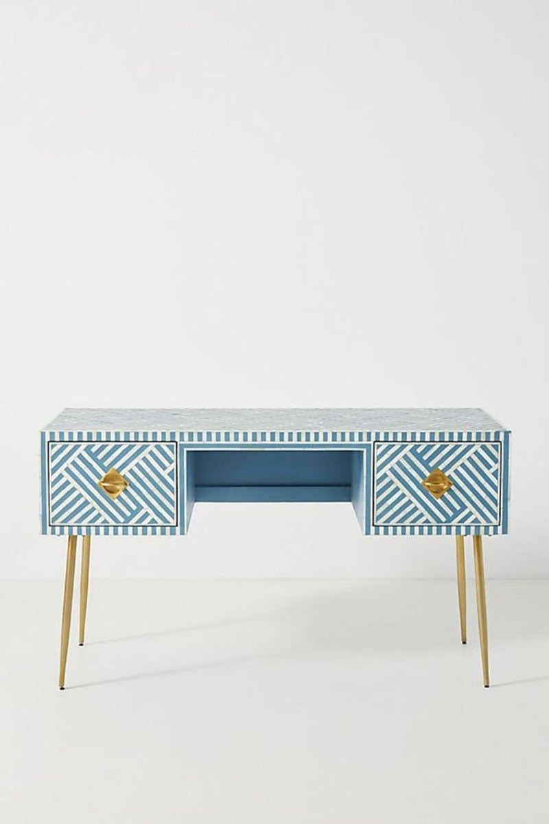 Handmade Sky Blue Bone Inlay Writing Desk with 2 Drawers - Elegant Home Office Furniture for Study & Workspace Decor