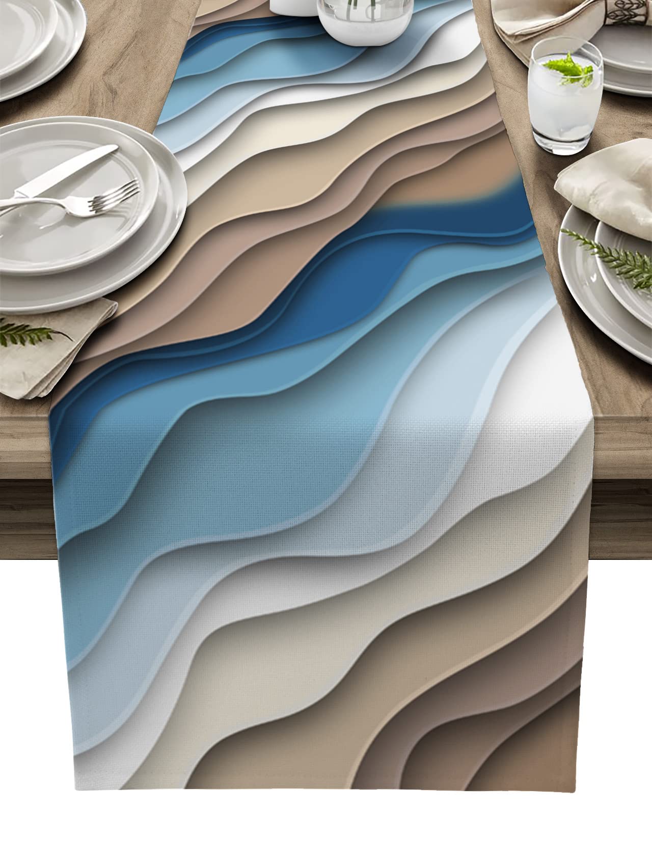 Ombre Cotton Linen Table Runner - 13x70 Inch Blue Gradient Striped Table Scarf for Dining Table, Farmhouse Kitchen Decor, Holiday Dinner Party Decoration | Perfect for Wedding, Christmas & Home Decor