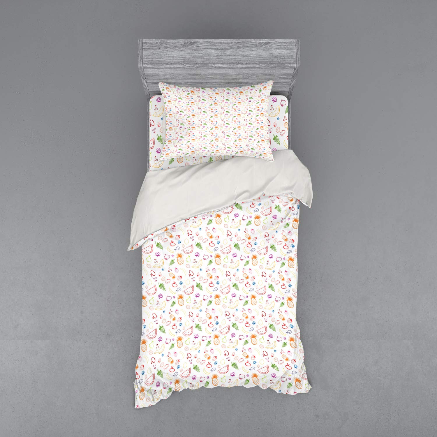 Ambesonne 3-Piece Fruit Bedding Set - Twin XL Duvet Cover with Sham & Fitted Sheet | Sketch Style Berries, Grapes, Lemon, Pear, Pineapple, Cherry & Strawberry Design | Vibrant Multicolor Vegan-Themed Bedroom Decor for Kids & Adults | Perfect for Guest Rooms, Dorms & Cozy Bedroom Makeovers