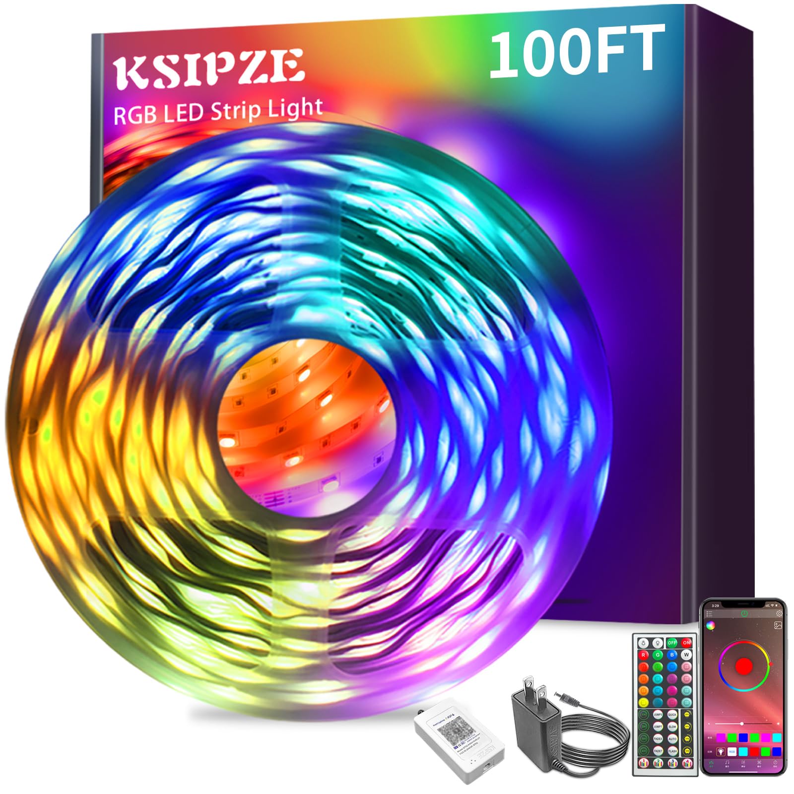 Ksipze 100FT Smart LED Strip Lights - RGB Color Changing with Music Sync, App & Remote Control - 30M LED Light Strips for Bedroom, Home, Party & Room Decor - Perfect for Mood Lighting, Gaming Setup & Holiday Decorations