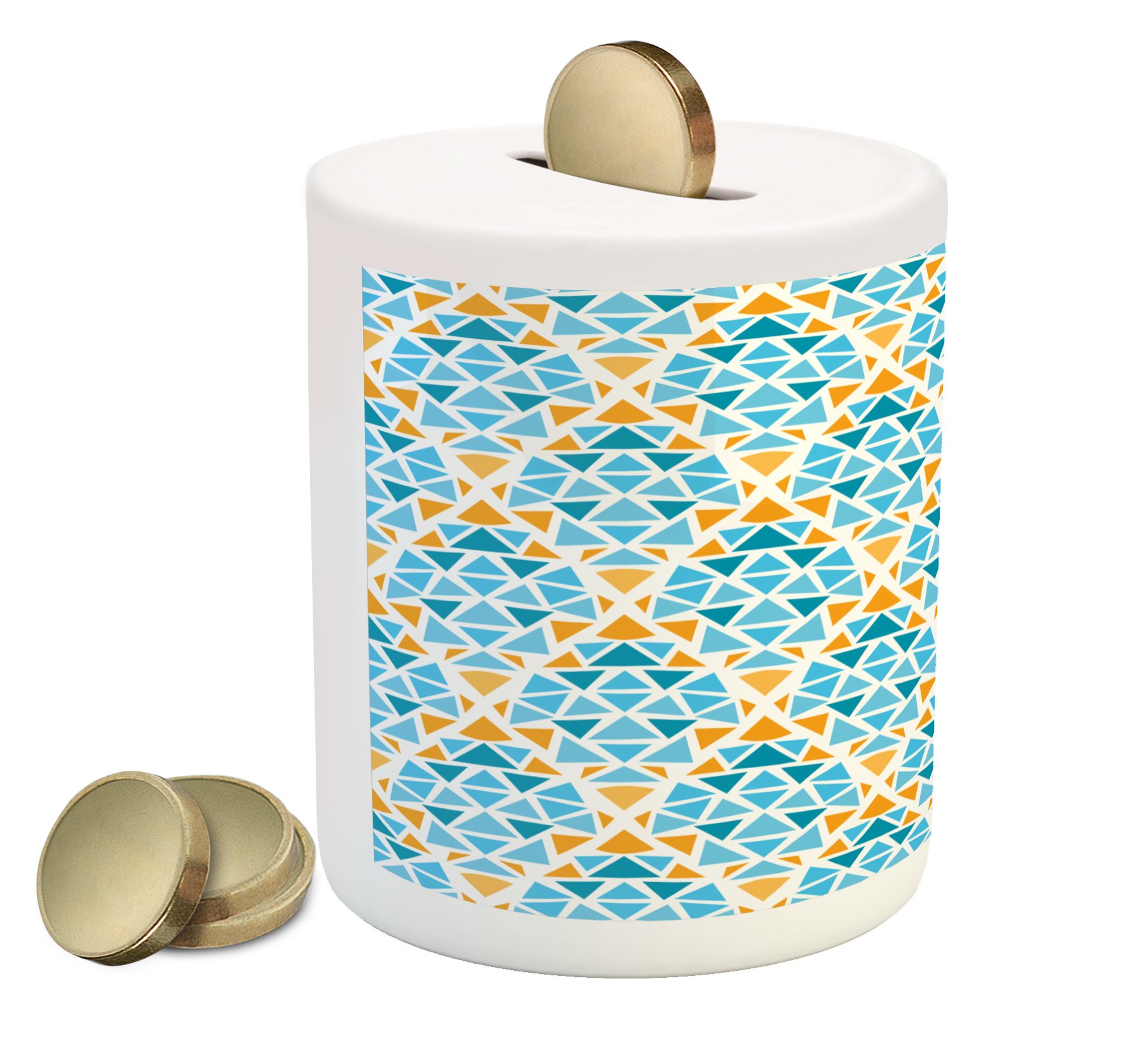 Ambesonne Ceramic Piggy Bank - Diamond Shaped Geometric Design in Aqua Teal & Marigold Yellow | Money Saving Box for Kids & Adults | Perfect for Birthday Gifts, Home Decor & Financial Education
